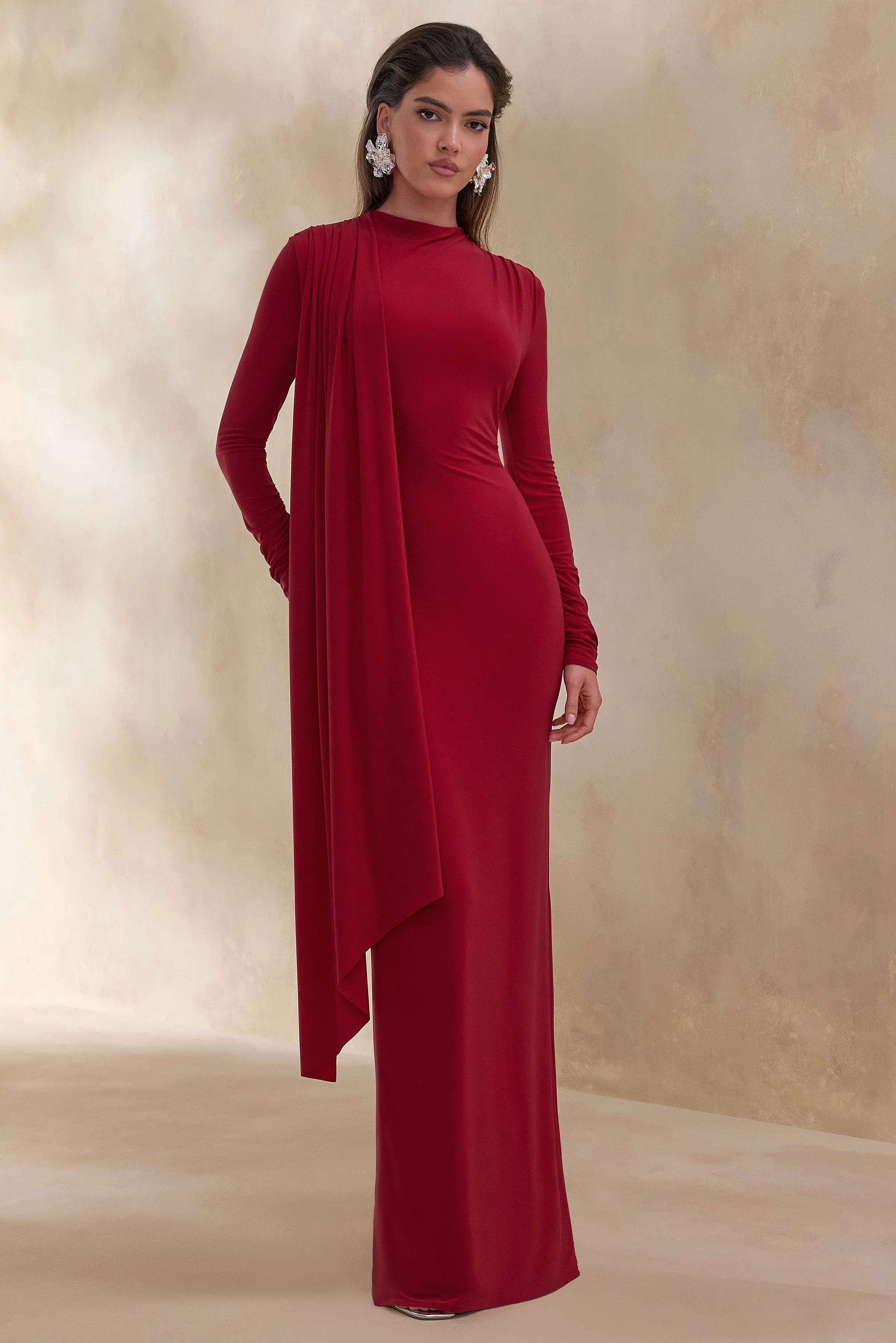 Amaria | Red High-Neck Maxi Dress With Sash-Detail sold by Club L London product image thumbnail 4