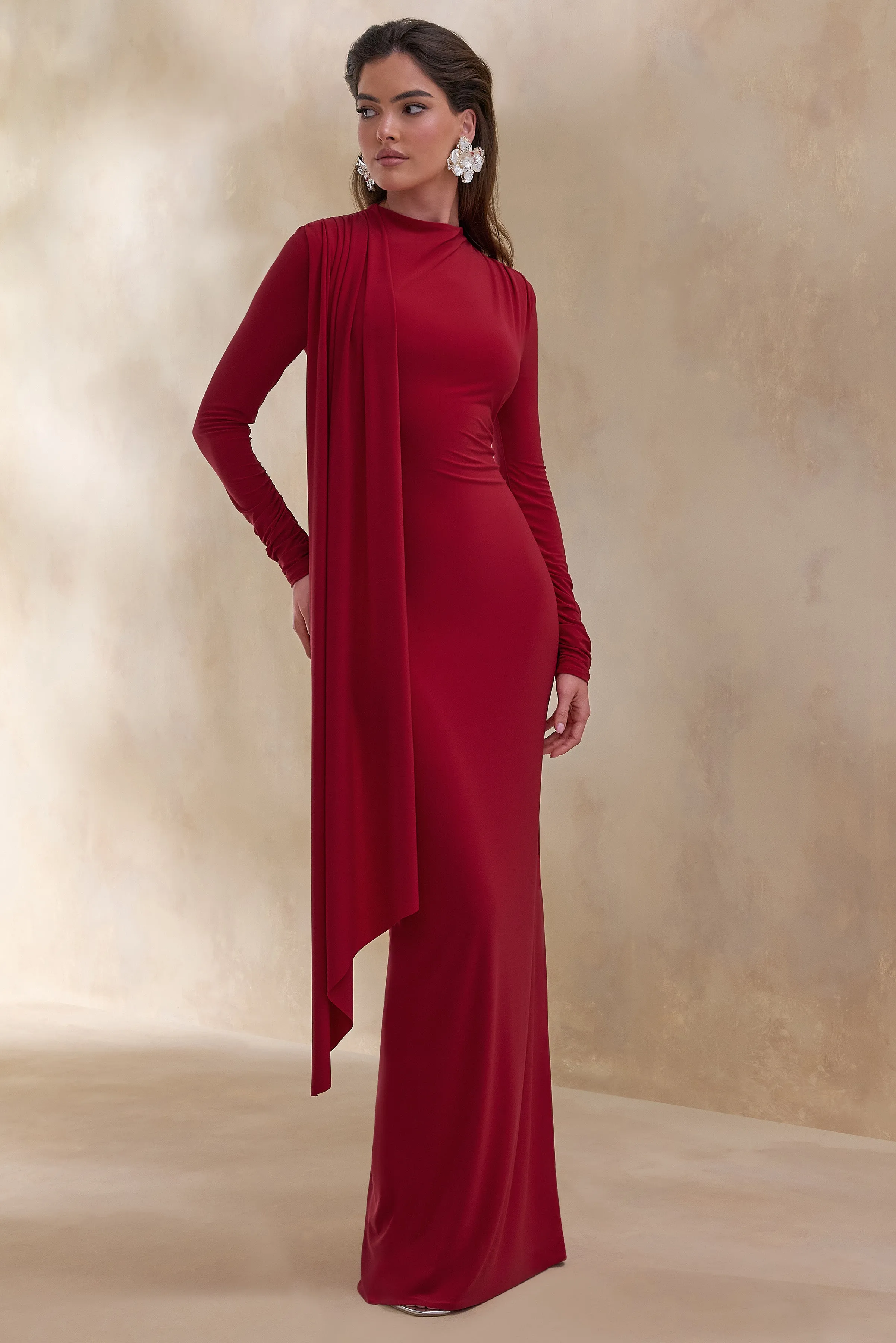 Amaria | Red High-Neck Maxi Dress With Sash-Detail sold by Club L London