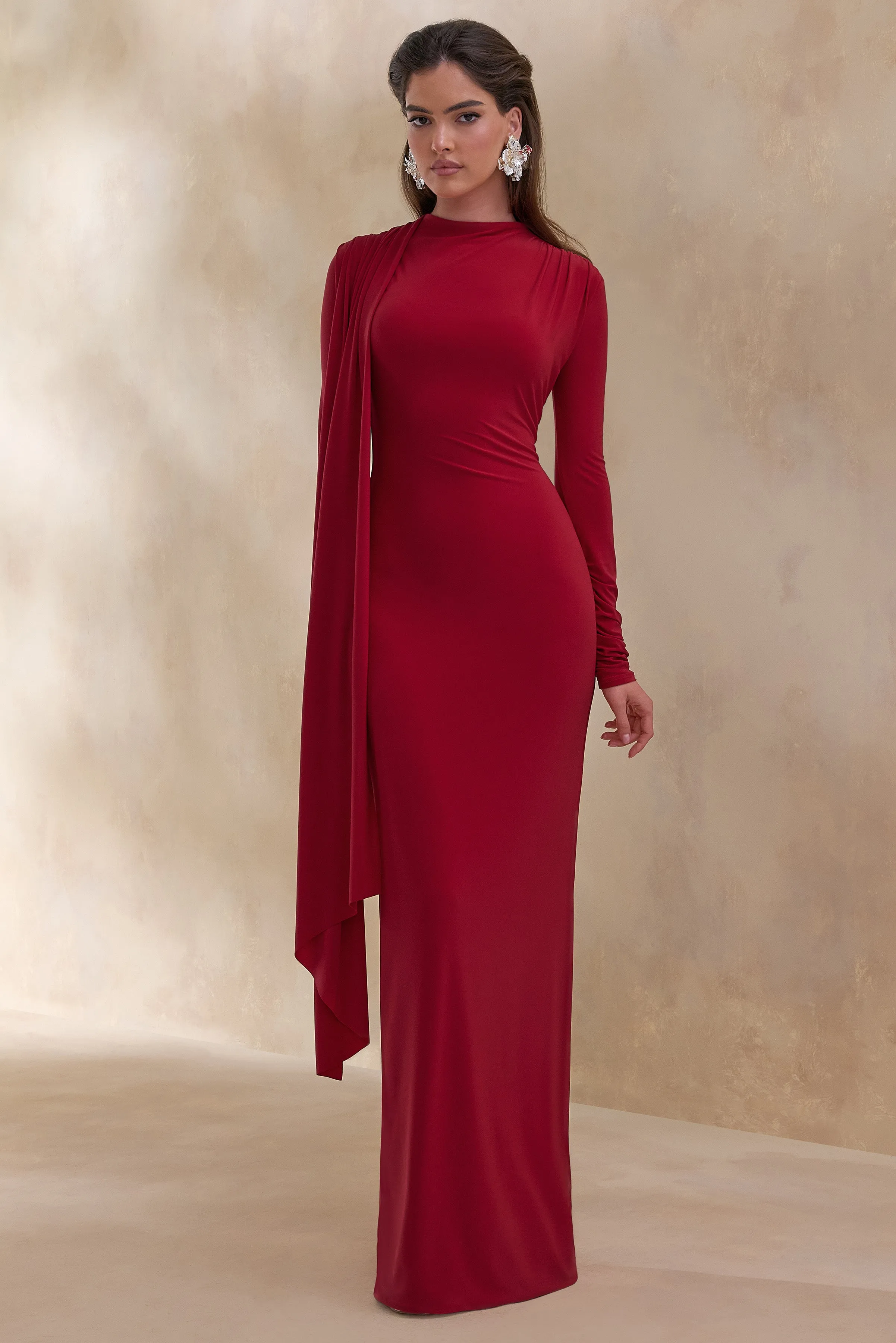 Amaria | Red High-Neck Maxi Dress With Sash-Detail sold by Club L London product image thumbnail 5