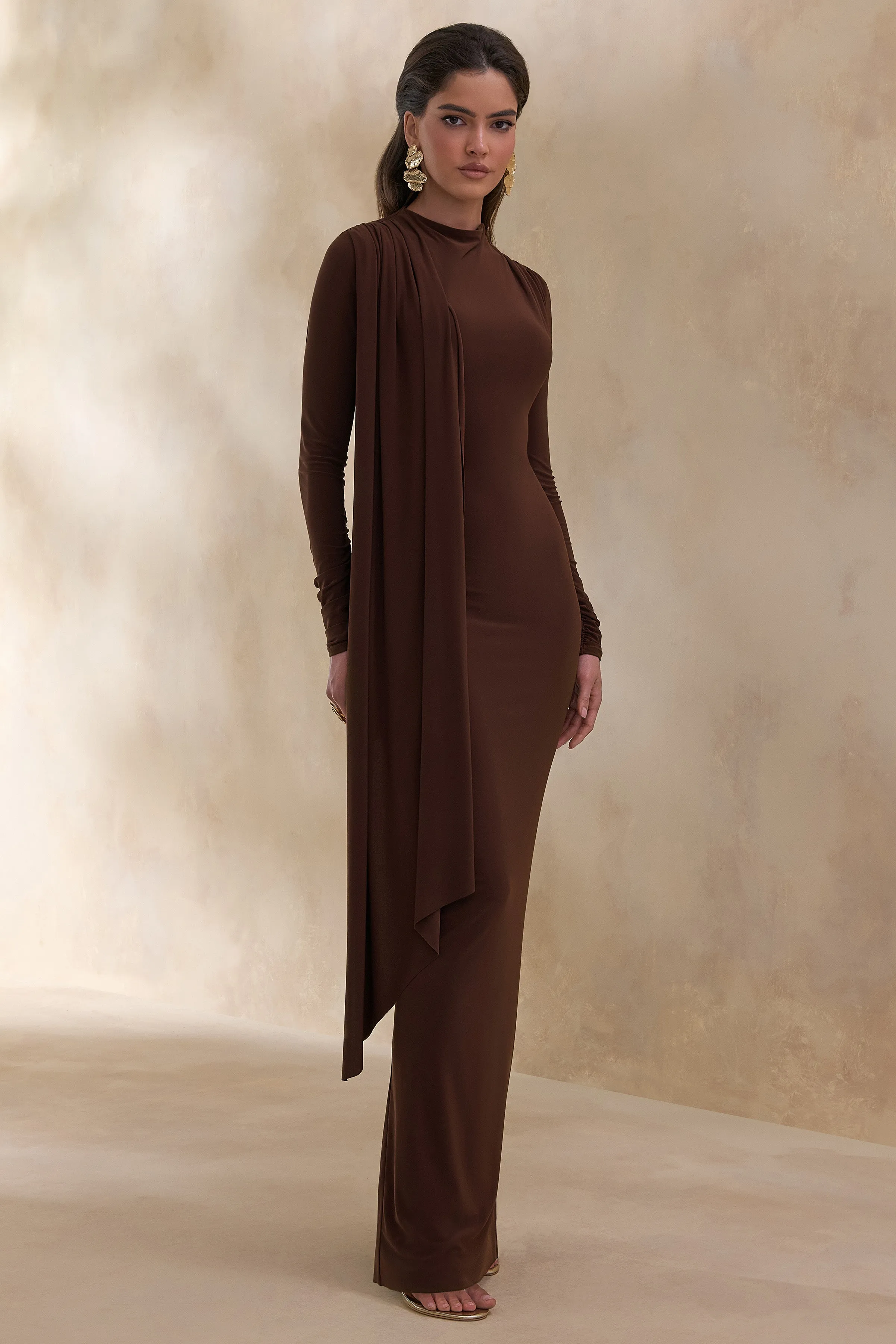 Amaria | Brown High-Neck Maxi Dress With Sash-Detail sold by Club L London product image thumbnail 4