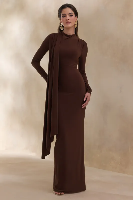 Amaria | Brown High-Neck Maxi Dress With Sash-Detail sold by Club L London