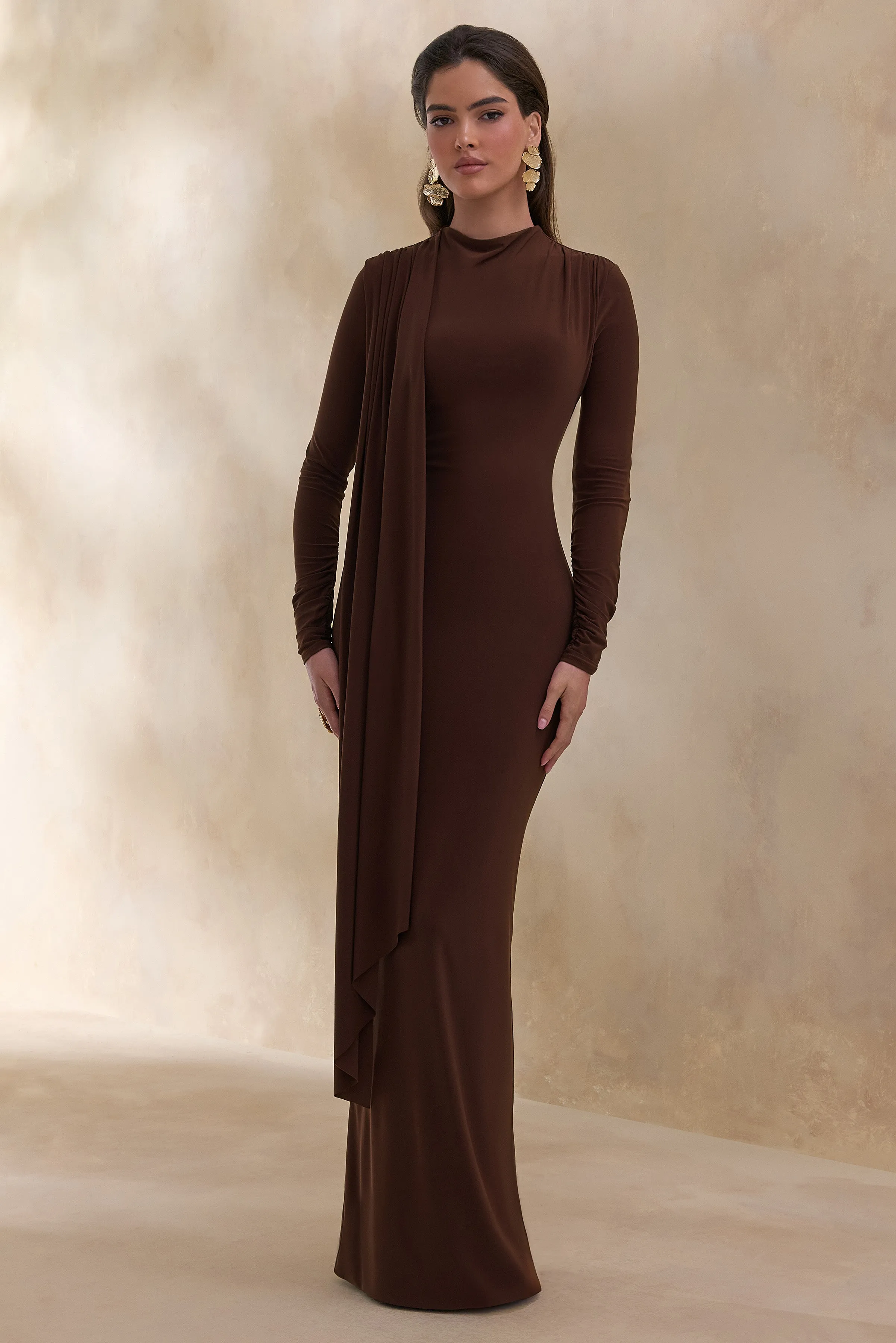 Amaria | Brown High-Neck Maxi Dress With Sash-Detail sold by Club L London product image thumbnail 5