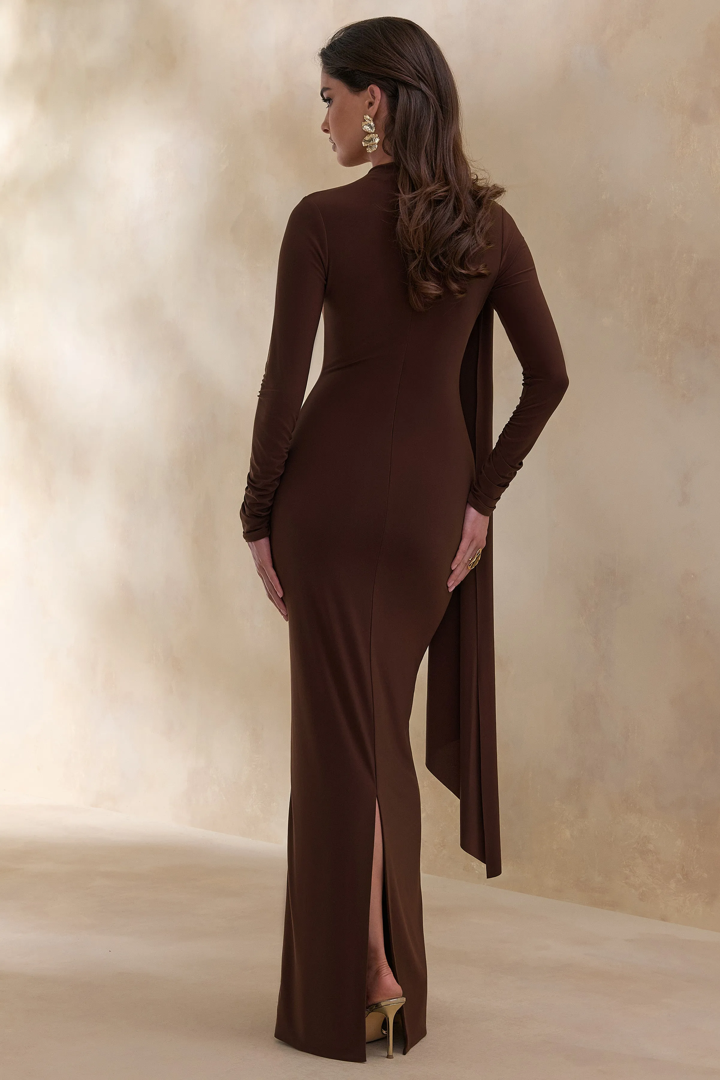 Amaria | Brown High-Neck Maxi Dress With Sash-Detail sold by Club L London product image thumbnail 2