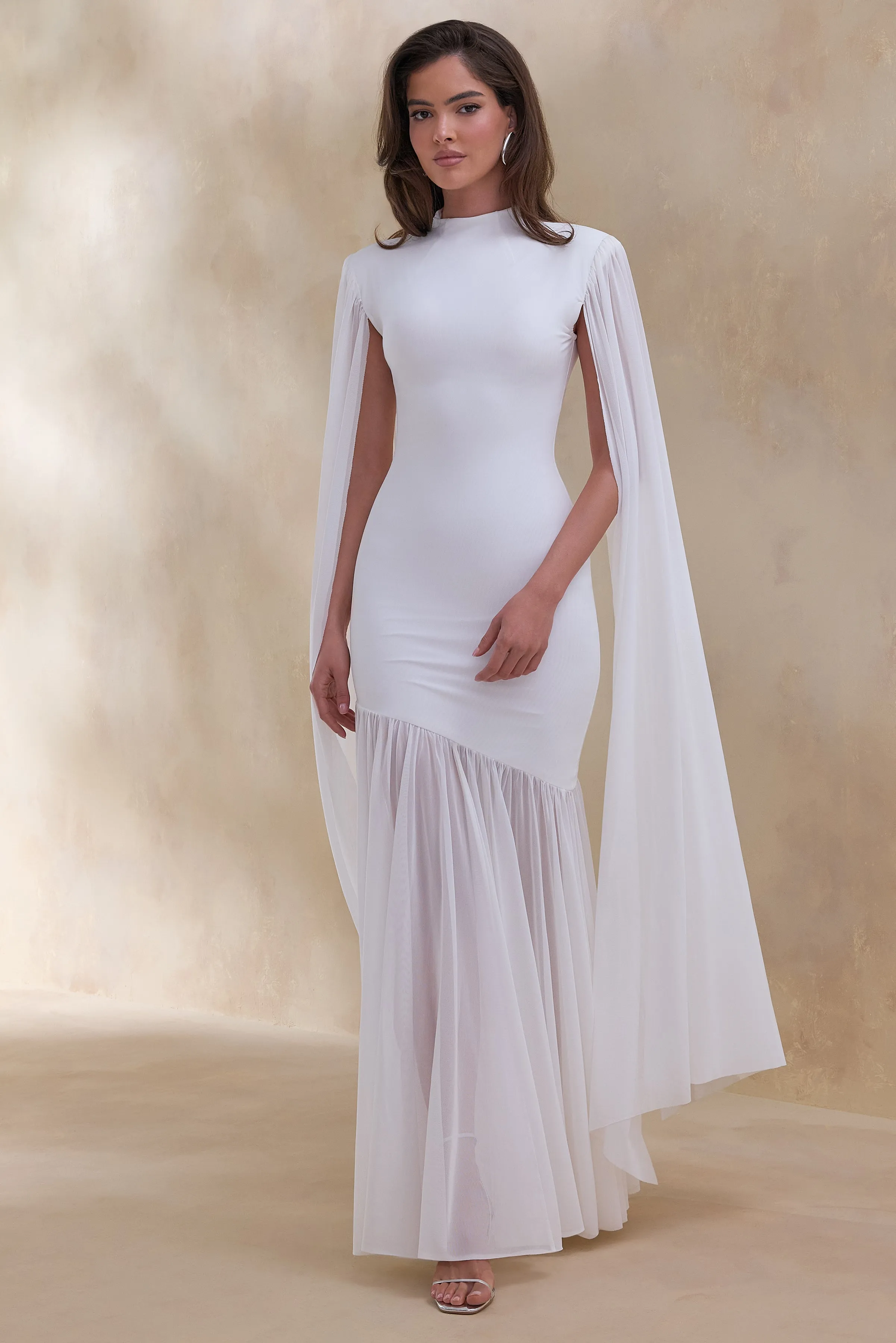 Chantelle | White High-Neck Maxi Dress With Drop-Waist And Cape-Sleeves sold by Club L London product image thumbnail 4