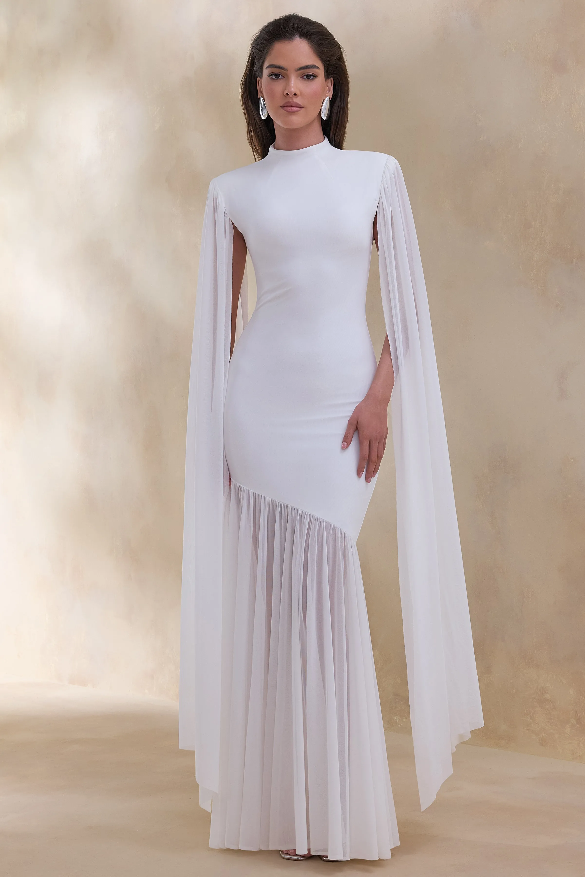 Chantelle | White High-Neck Maxi Dress With Drop-Waist And Cape-Sleeves sold by Club L London