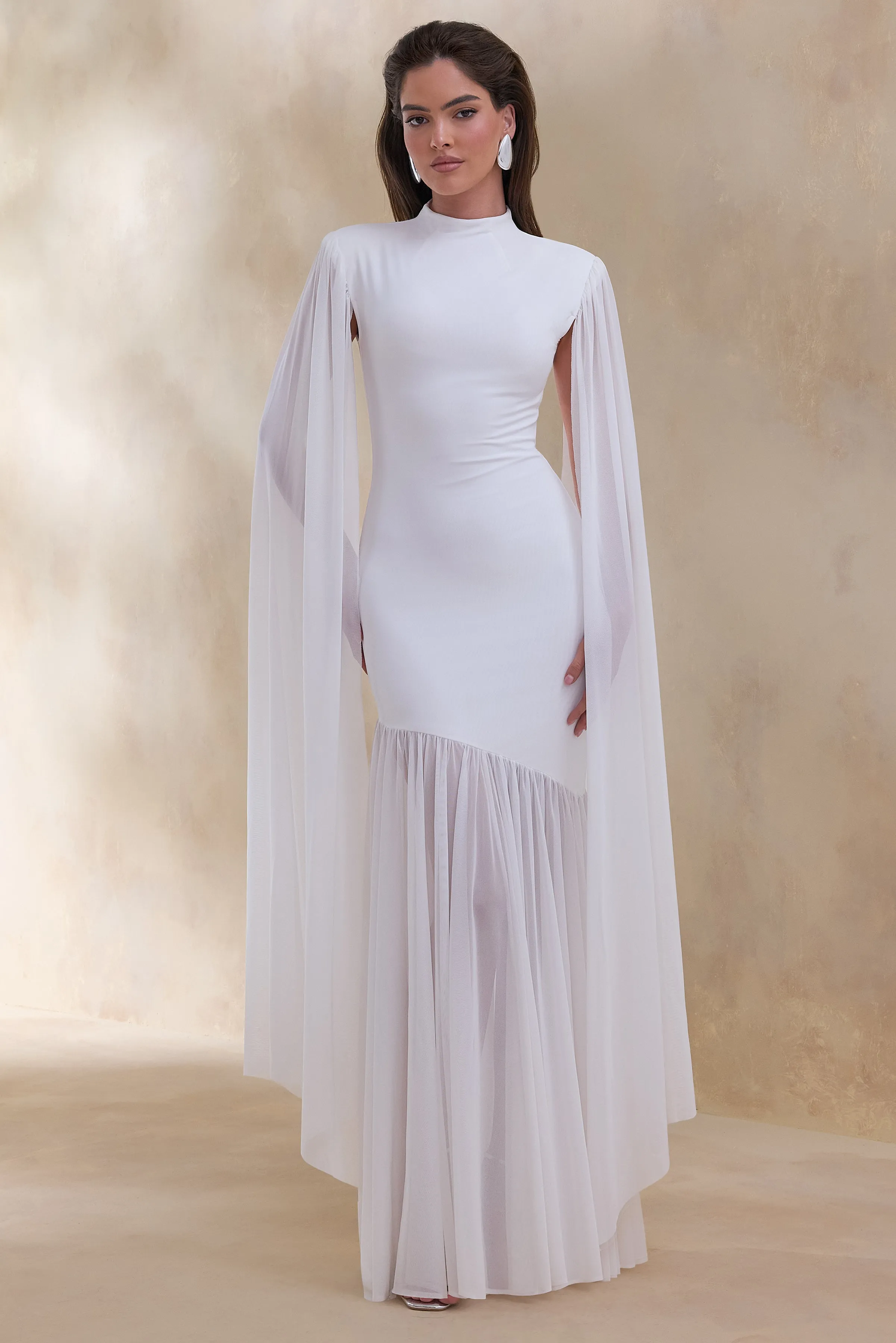 Chantelle | White High-Neck Maxi Dress With Drop-Waist And Cape-Sleeves sold by Club L London product image thumbnail 5