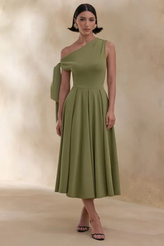 Daring | Olive Asymmetric-Neck Midi Dress With Knot-Detail sold by Club L London