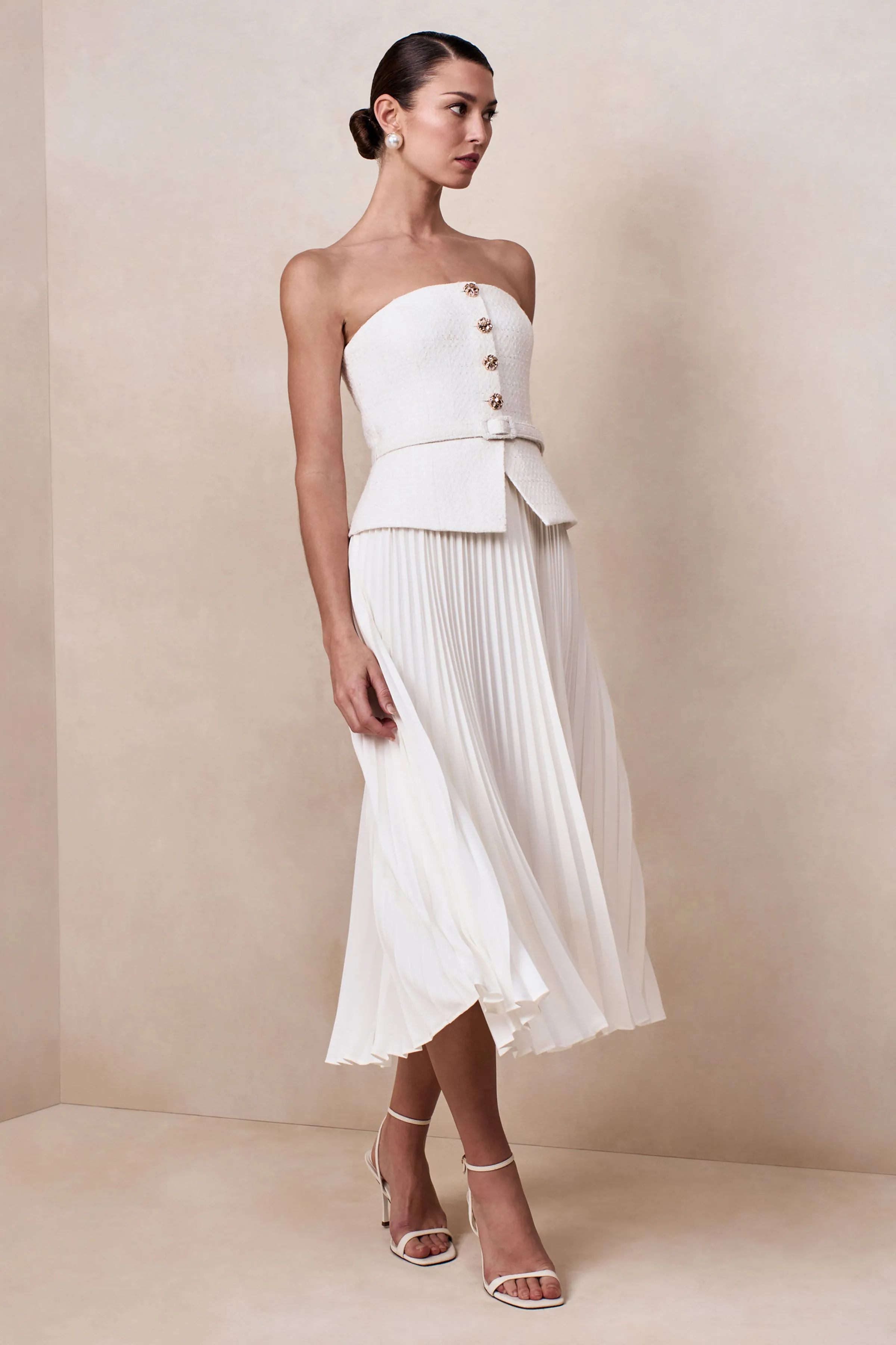 Lizzy | Cream Square-Neck Midi Dress With Pleated-Skirt sold by Club L London product image thumbnail 5
