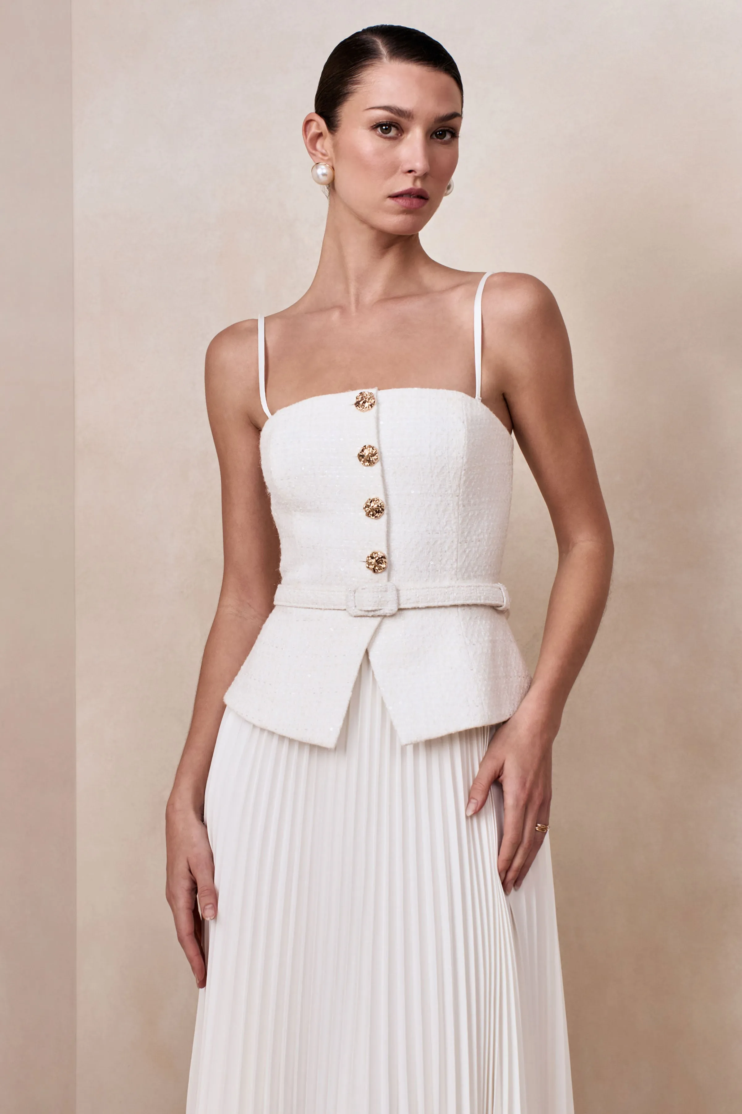 Lizzy | Cream Square-Neck Midi Dress With Pleated-Skirt sold by Club L London product image thumbnail 3