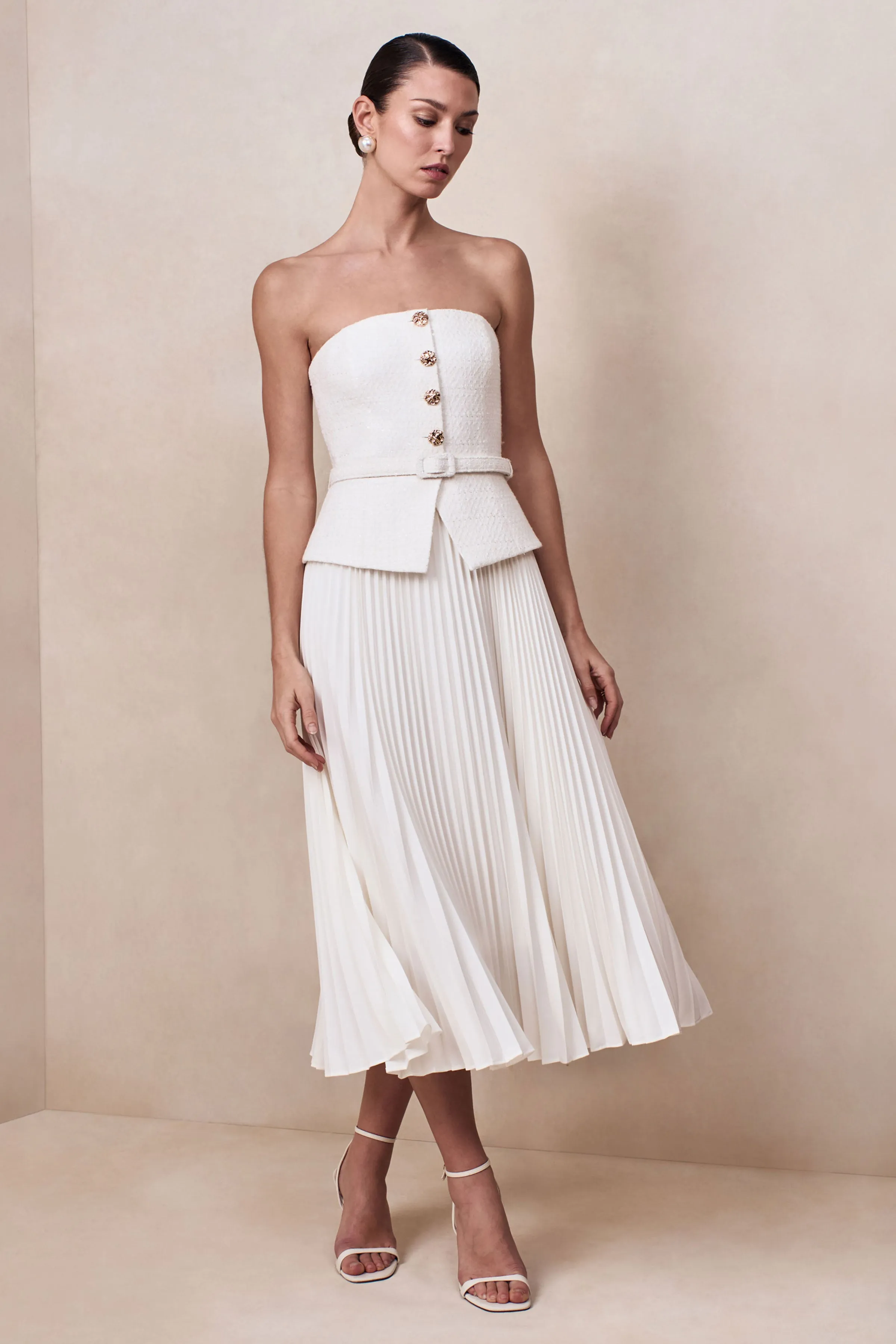 Lizzy | Cream Square-Neck Midi Dress With Pleated-Skirt sold by Club L London product image thumbnail 4