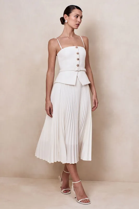 Lizzy | Cream Square-Neck Midi Dress With Pleated-Skirt sold by Club L London