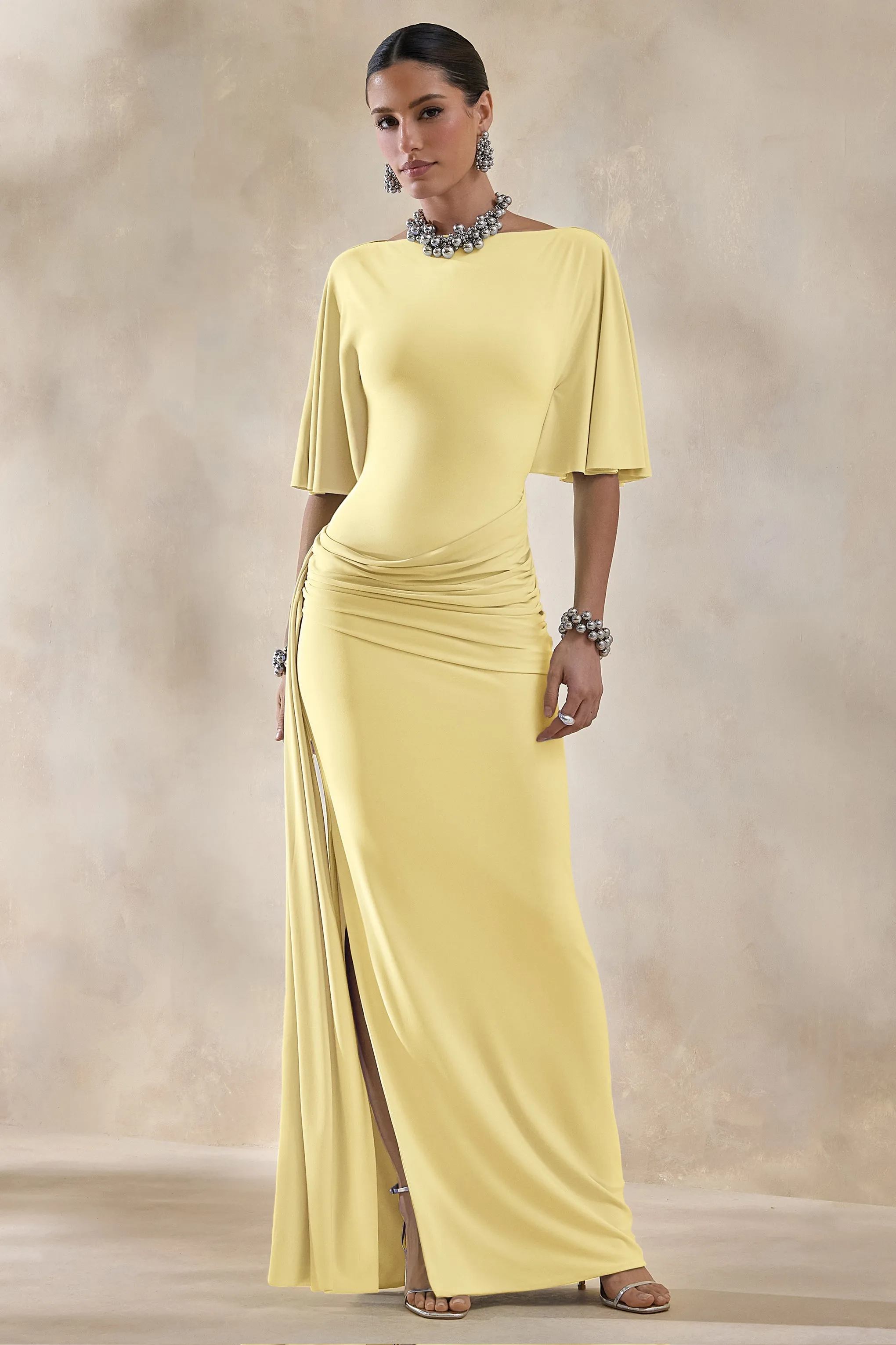 Emerelle | Lemon Wide-Neck Maxi Dress With Sash And Draped-Detailing sold by Club L London product image thumbnail 5