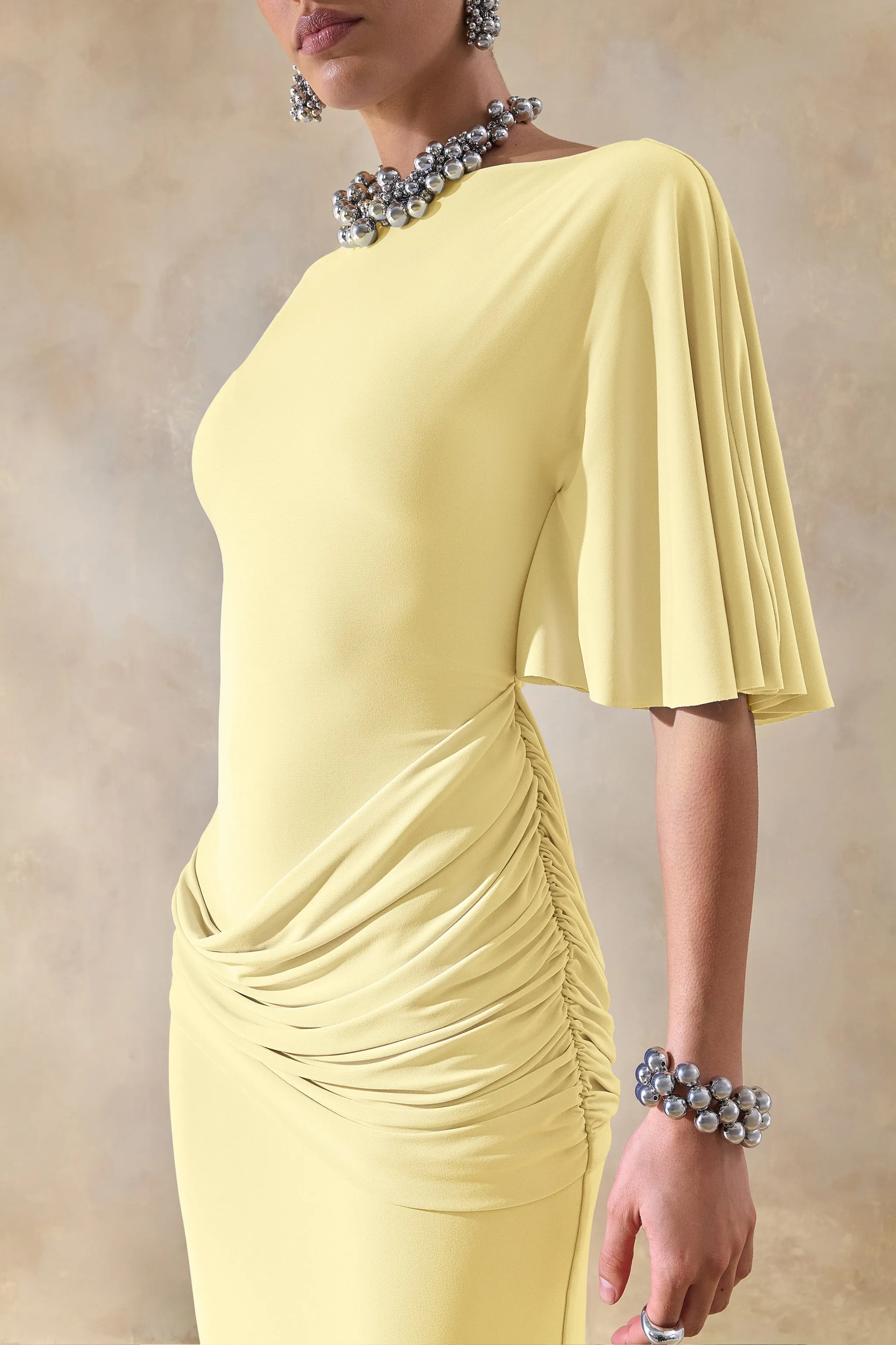 Emerelle | Lemon Wide-Neck Maxi Dress With Sash And Draped-Detailing sold by Club L London product image thumbnail 3