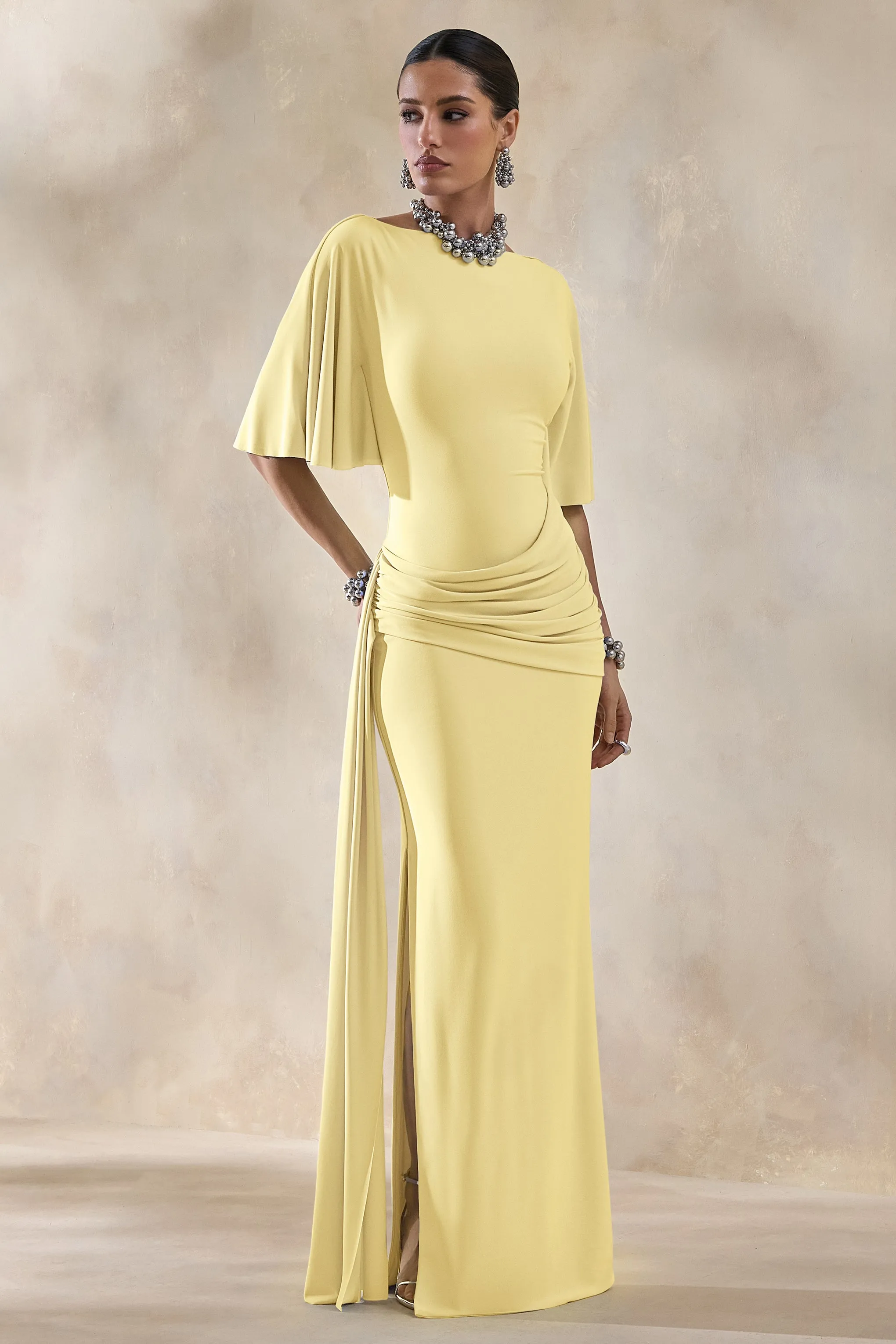 Emerelle | Lemon Wide-Neck Maxi Dress With Sash And Draped-Detailing sold by Club L London product image thumbnail 4