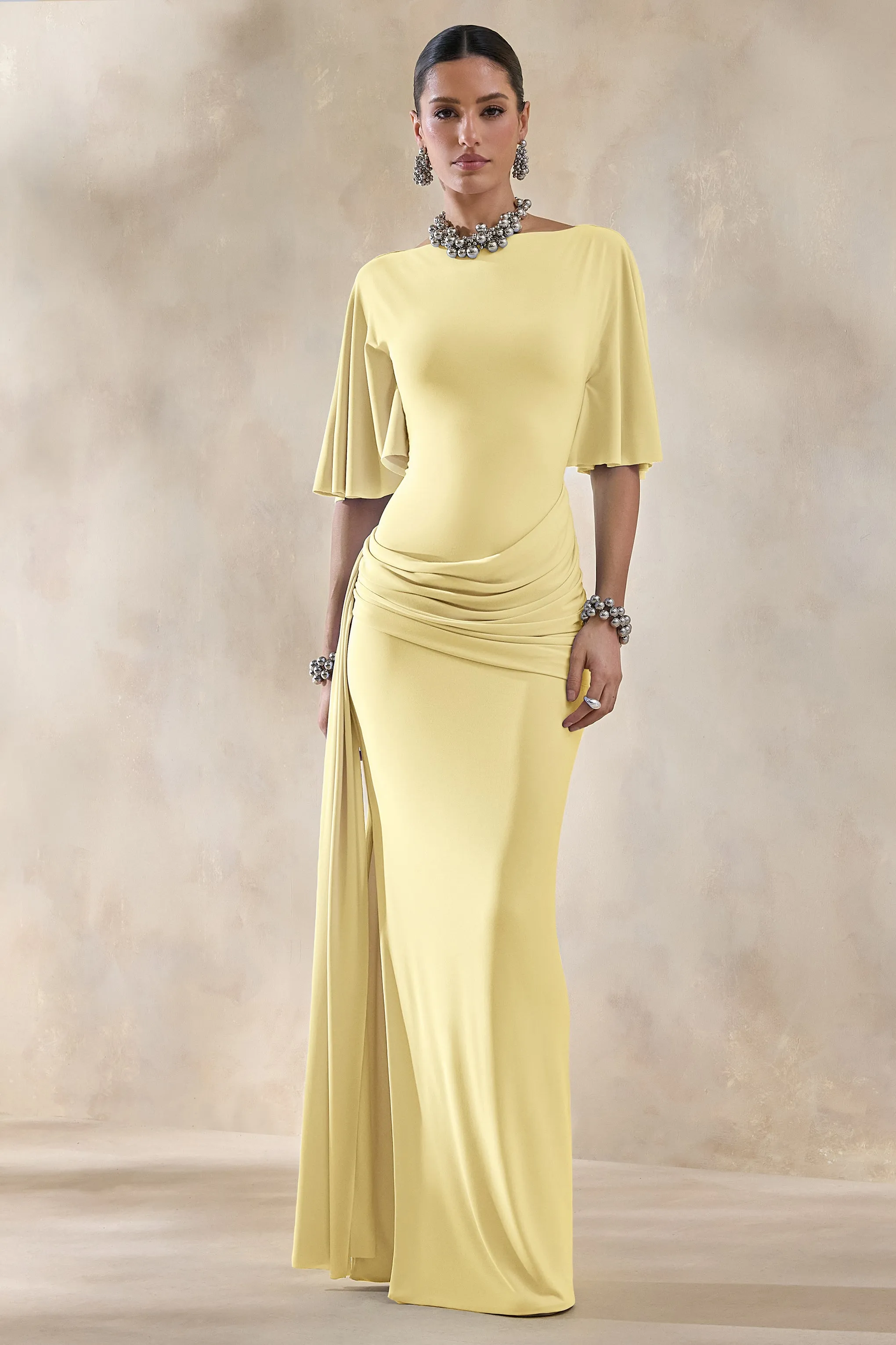 Emerelle | Lemon Wide-Neck Maxi Dress With Sash And Draped-Detailing sold by Club L London