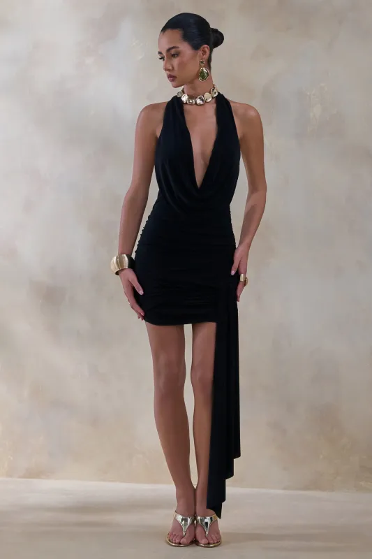 Centrepiece | Black Cowl-Neck Wrap Mini Dress With Sash made by Club L London