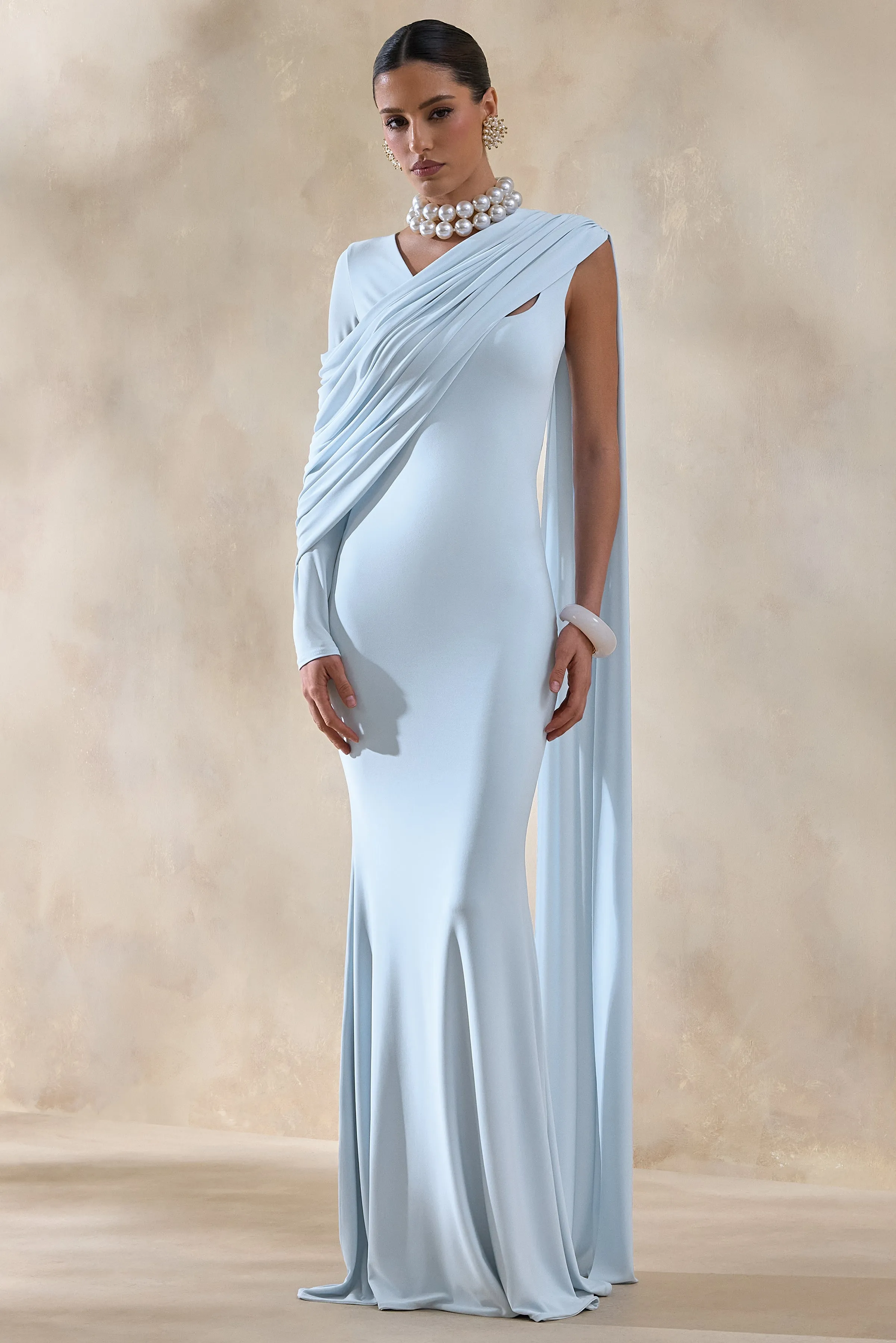 Rubelle | Powder Blue Asymmetric-Neck Maxi Dress With Draped-Detailing sold by Club L London product image thumbnail 4
