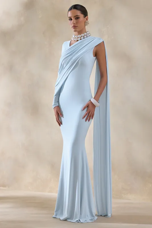 Rubelle | Powder Blue Asymmetric-Neck Maxi Dress With Draped-Detailing sold by Club L London