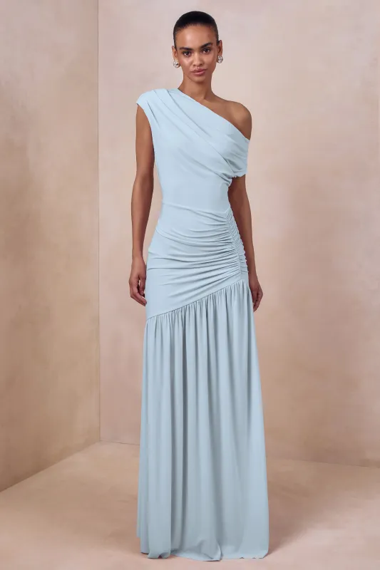 Kady | Powder Blue Asymmetric-Neck Maxi Dress With Ruched Detailing sold by Club L London
