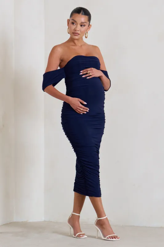 Plus One | Navy Maternity Ruched Bardot Midi Dress sold by Club L London