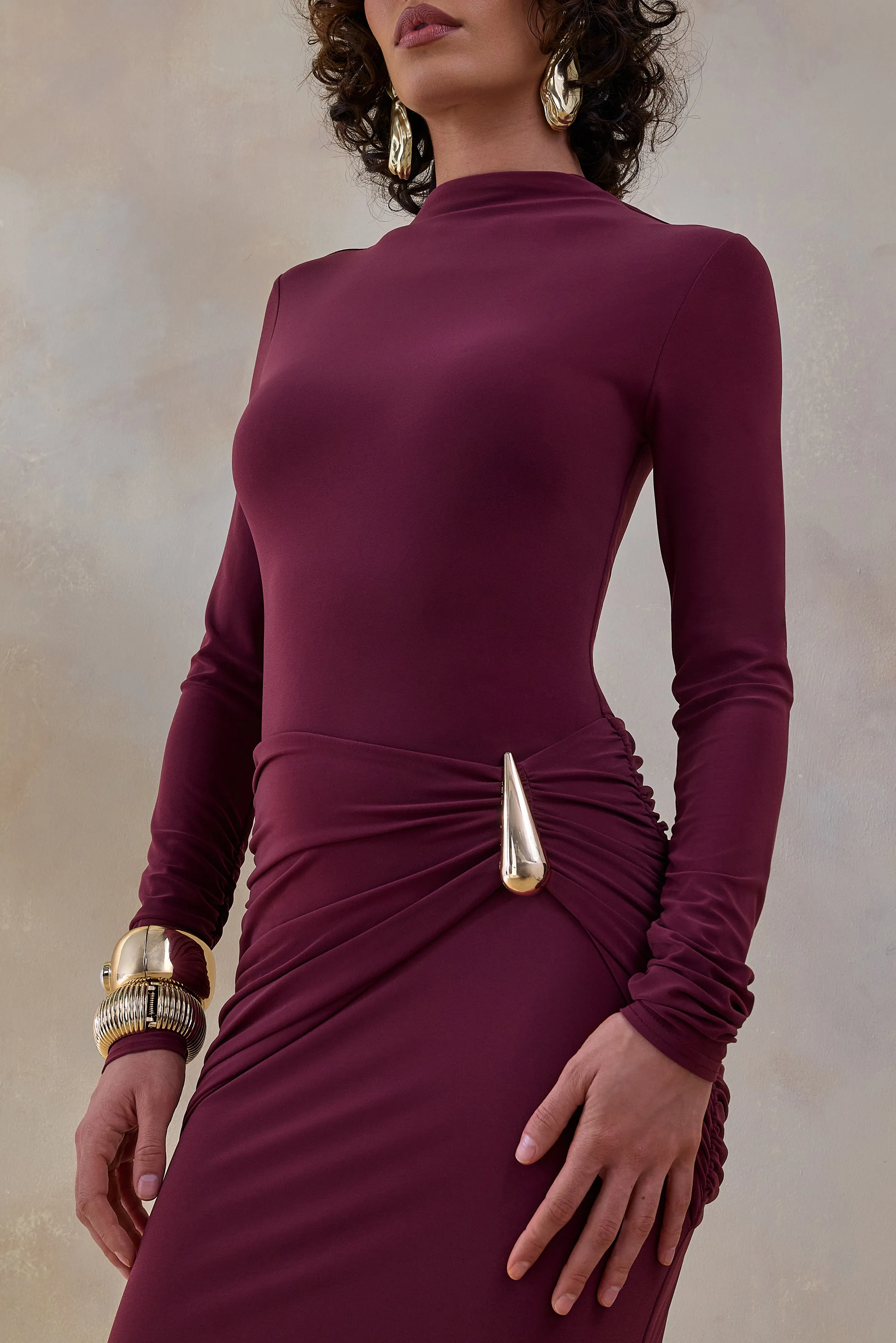 Astrielle | Burgundy Wide-Neck With Gold-Detail And Sash sold by Club L London product image thumbnail 3