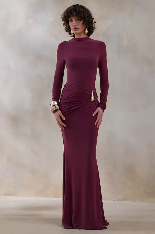 Astrielle | Burgundy Wide-Neck With Gold-Detail And Sash sold by Club L London