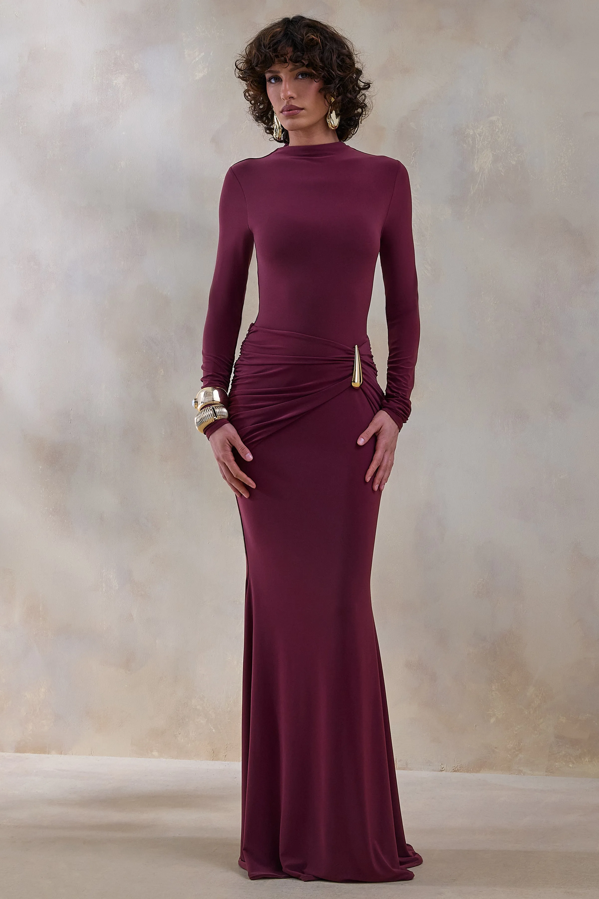 Astrielle | Burgundy Wide-Neck With Gold-Detail And Sash sold by Club L London