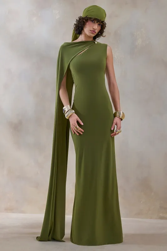Isdelia | Green Asymmetric-Neck Maxi Dress With Cape-Sleeve made by Club L London