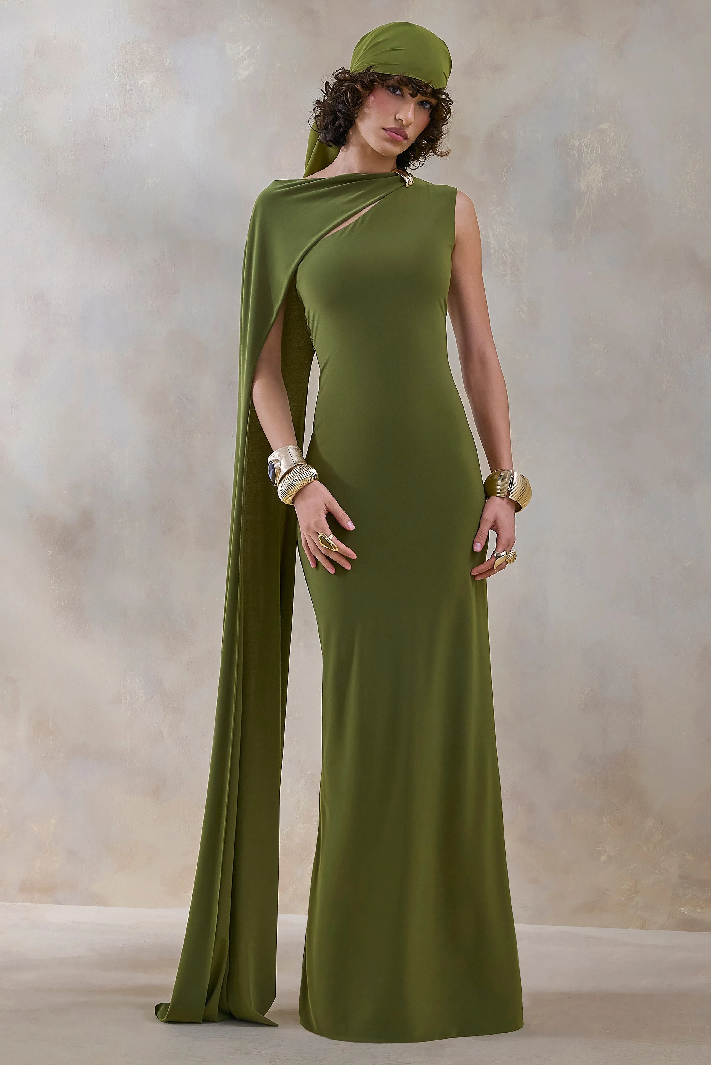 Isdelia | Green Asymmetric-Neck Maxi Dress With Cape-Sleeve sold by Club L London
