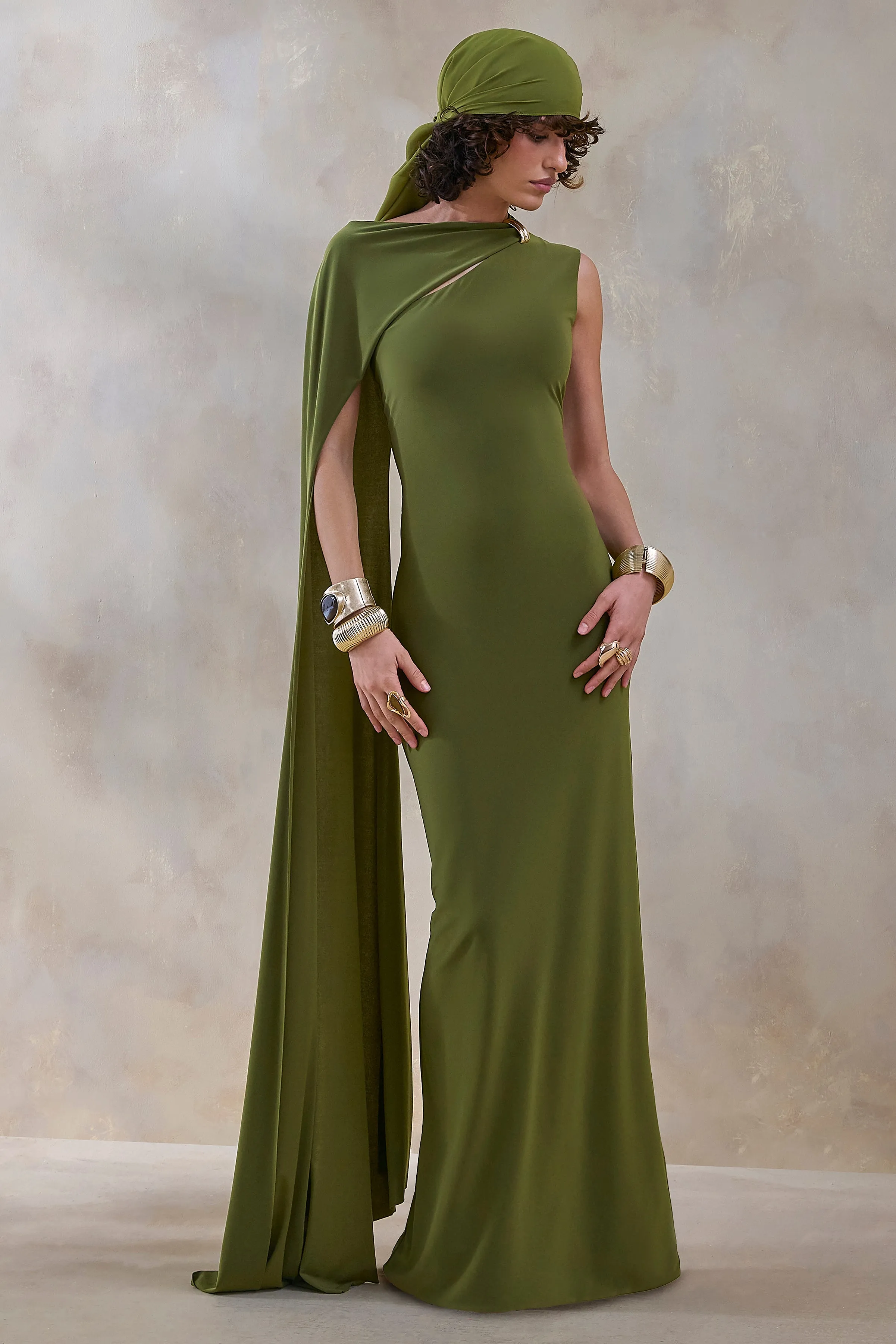 Isdelia | Green Asymmetric-Neck Maxi Dress With Cape-Sleeve sold by Club L London product image thumbnail 5