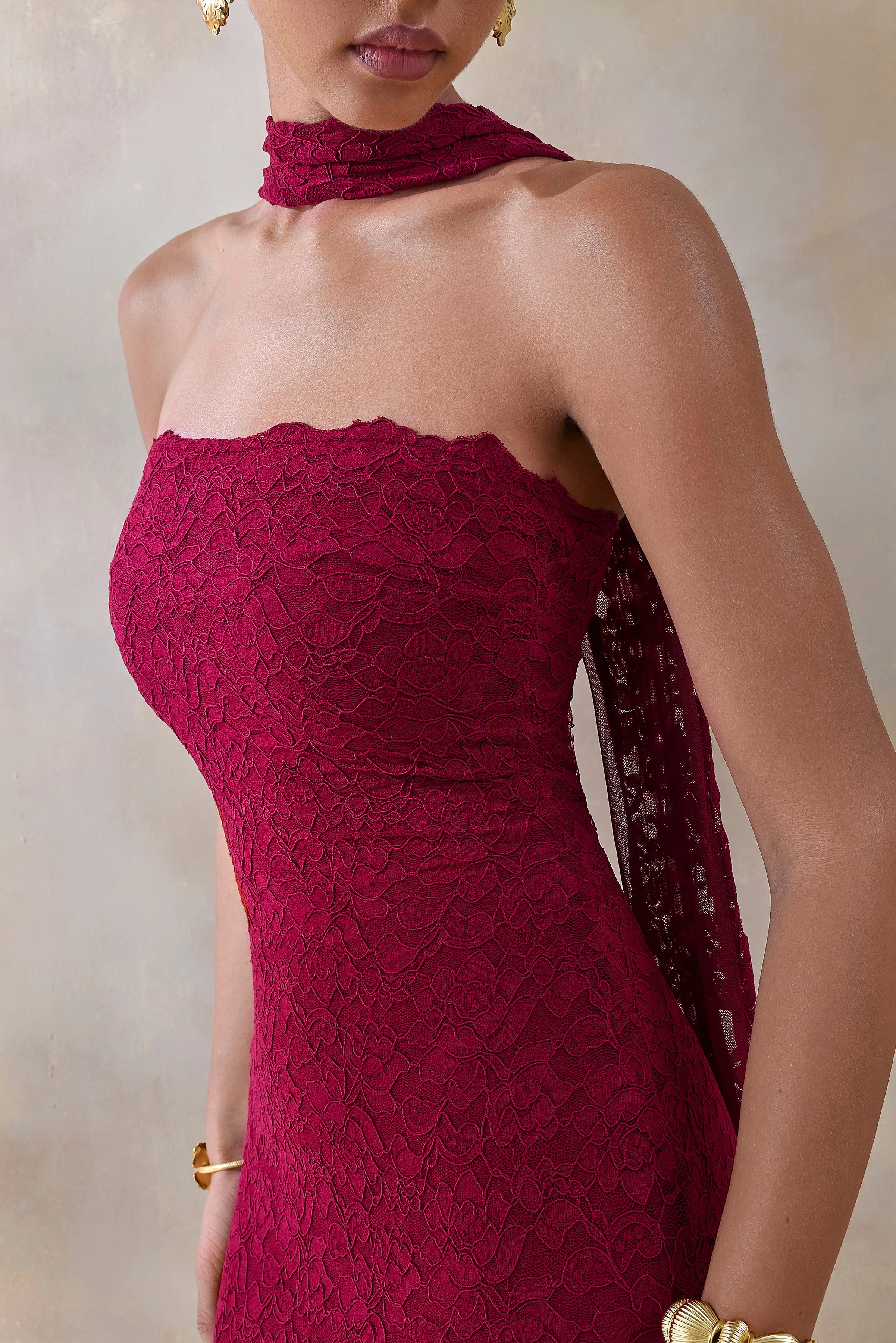 Rosaria | Burgundy Lace Bandeau Midi Dress With Scarf-Detail sold by Club L London product image thumbnail 5