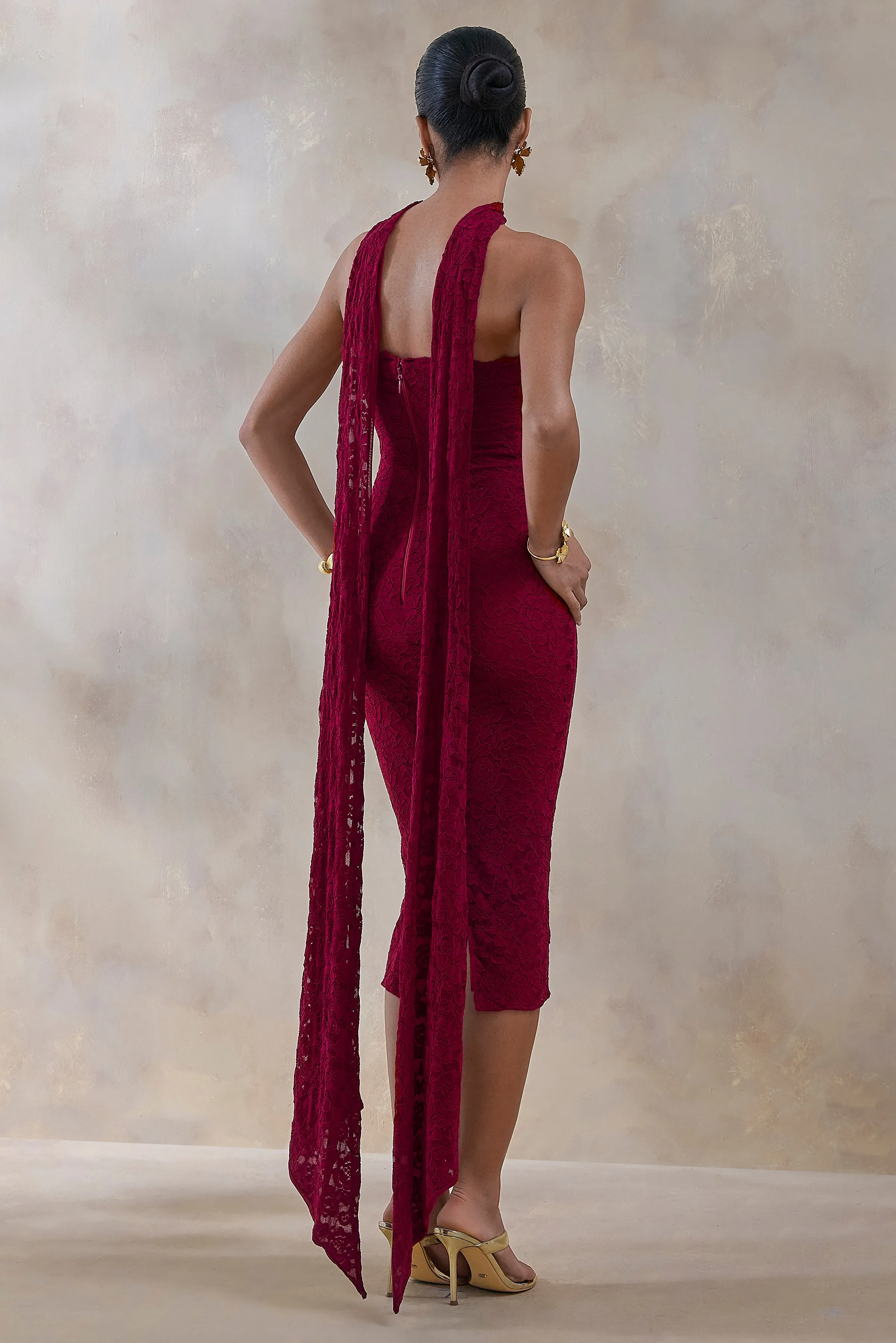 Rosaria | Burgundy Lace Bandeau Midi Dress With Scarf-Detail sold by Club L London product image thumbnail 2