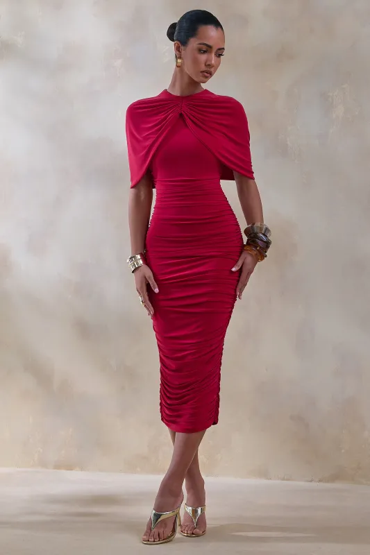 Parisia | Red Round-Neck Midi Dress With Cape-Detail sold by Club L London