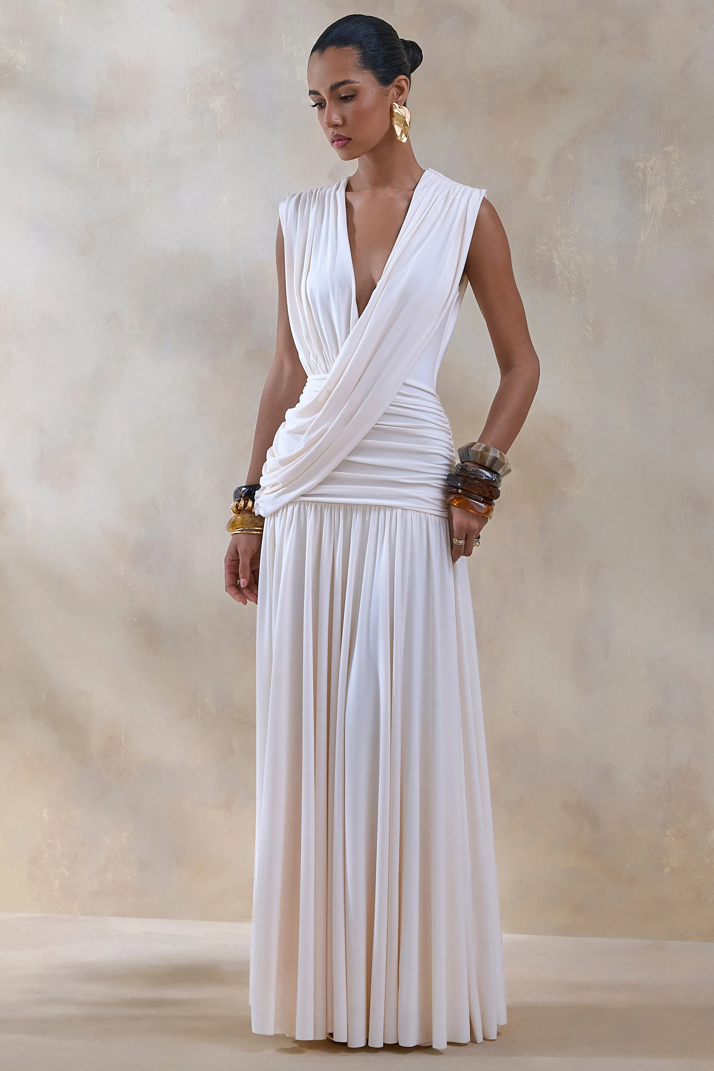 Glorina | Cream Plunge-Neck Maxi Dress With Draped-Detailing sold by Club L London product image thumbnail 4