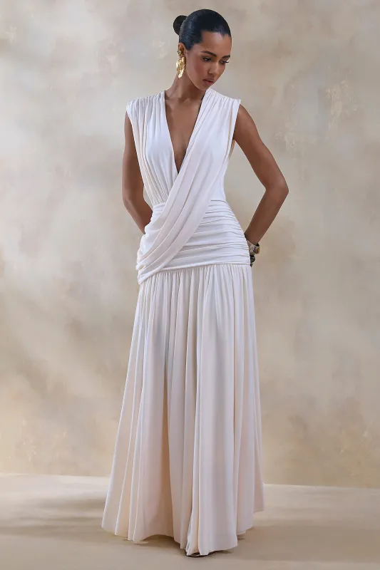 Glorina | Cream Plunge-Neck Maxi Dress With Draped-Detailing sold by Club L London
