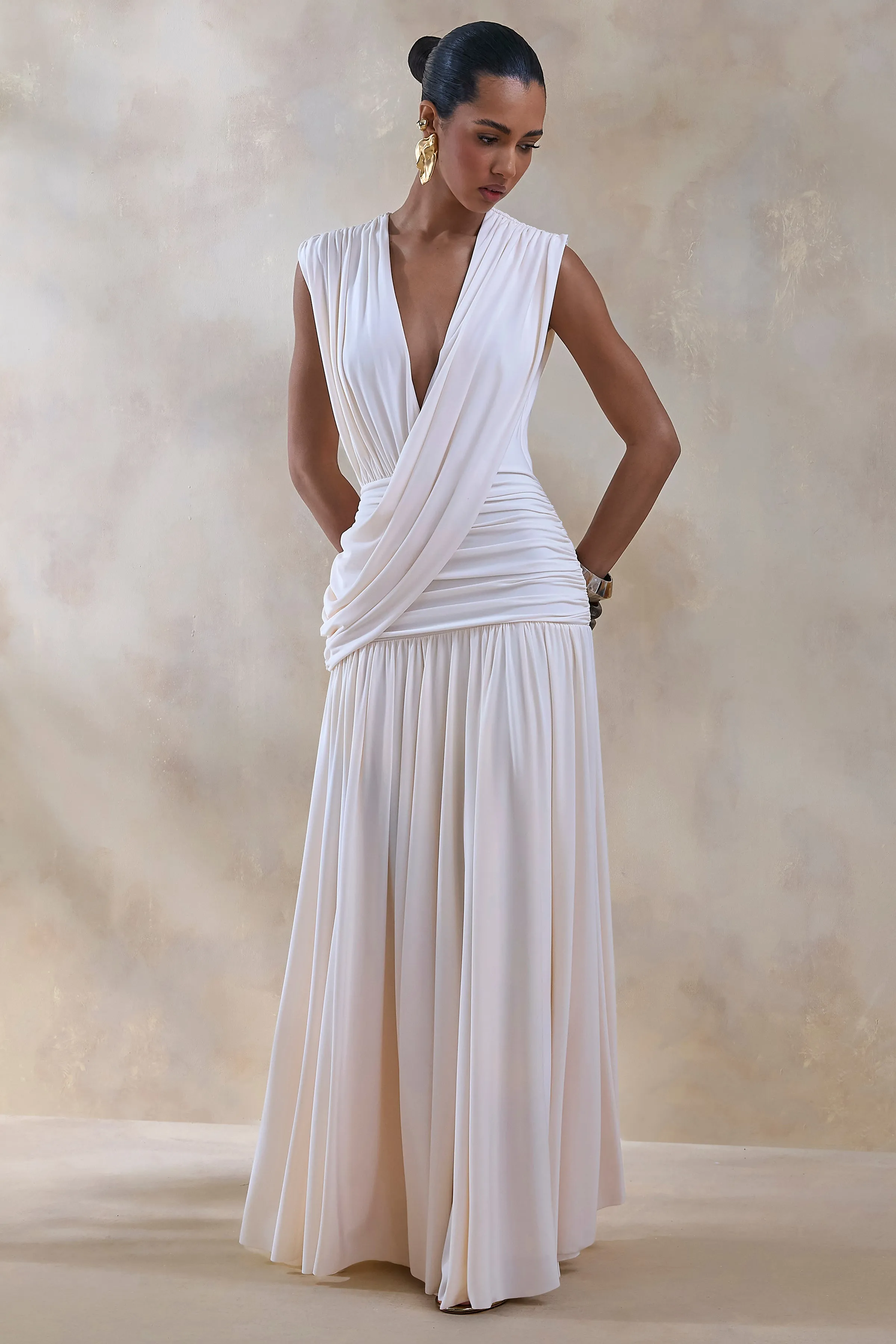 Glorina | Cream Plunge-Neck Maxi Dress With Draped-Detailing sold by Club L London