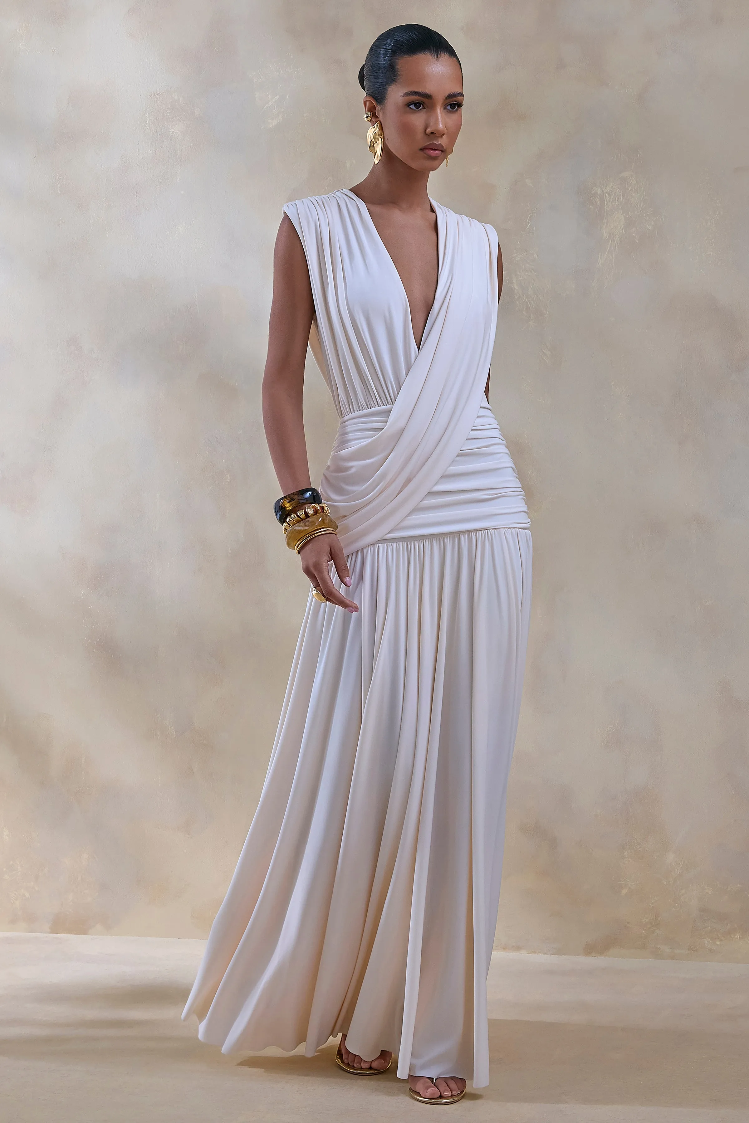Glorina | Cream Plunge-Neck Maxi Dress With Draped-Detailing sold by Club L London product image thumbnail 5