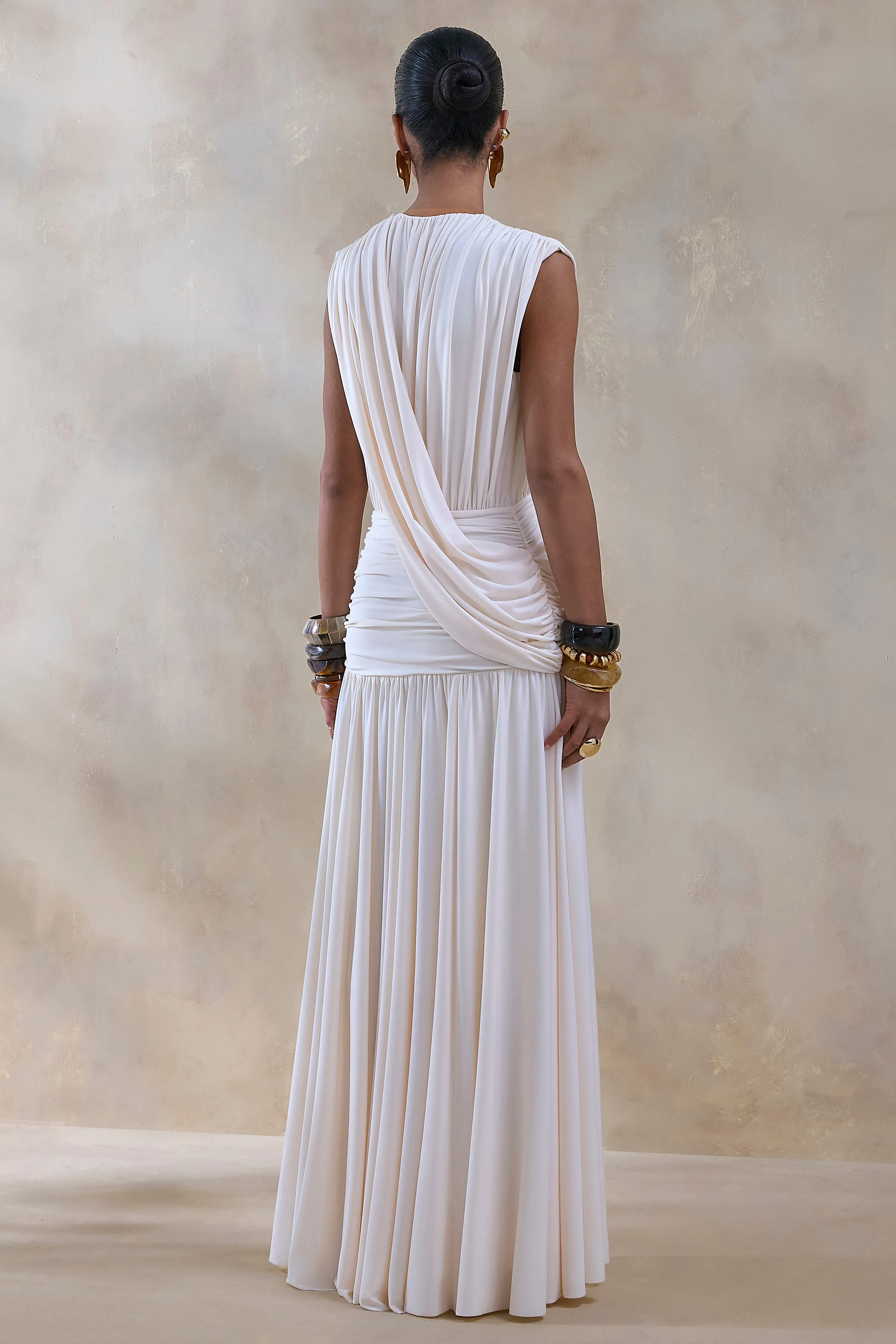 Glorina | Cream Plunge-Neck Maxi Dress With Draped-Detailing sold by Club L London product image thumbnail 2