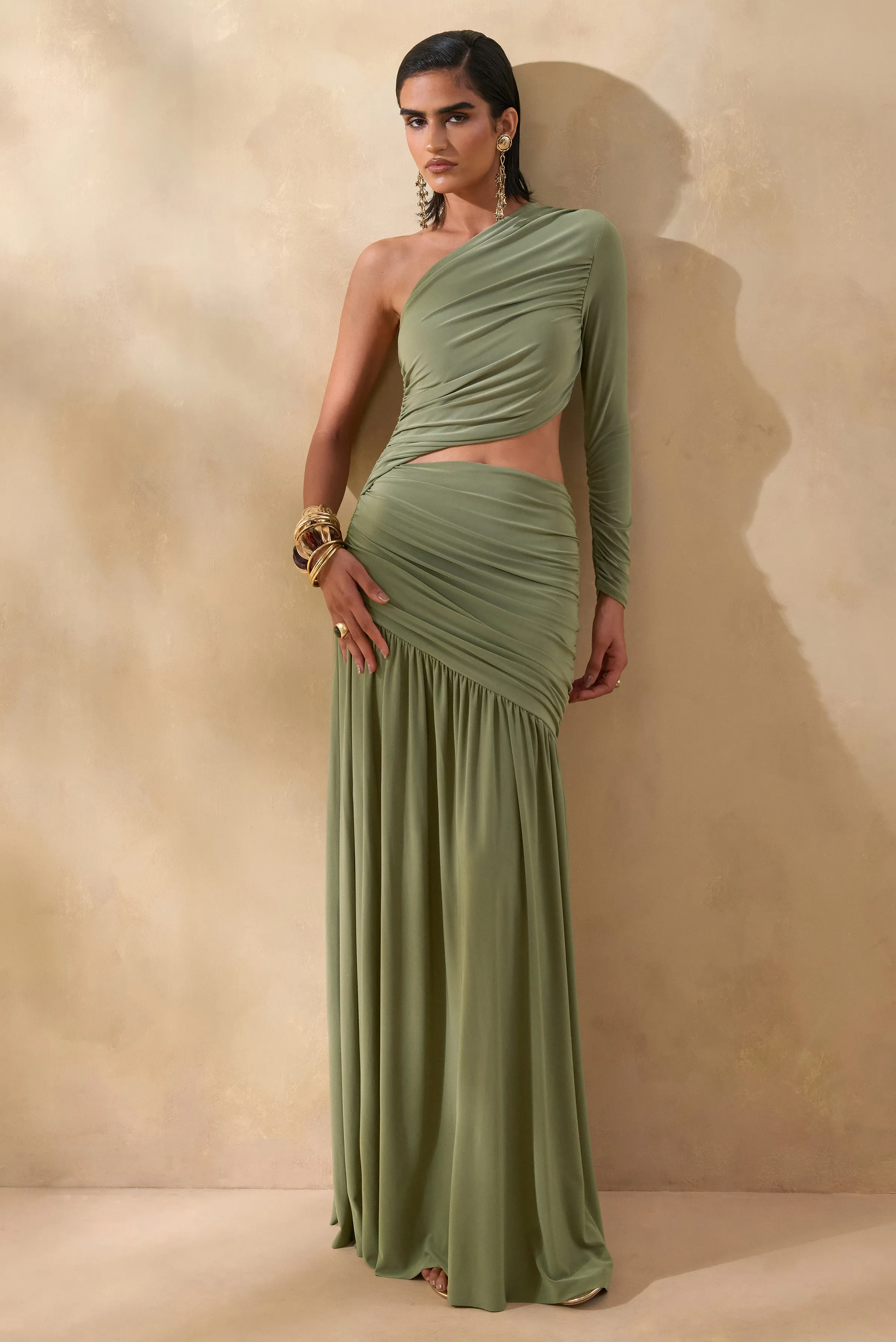 Kinsley | Olive Asymmetric-Neck Maxi Dress With Body Cut-Out Detail sold by Club L London product image thumbnail 5