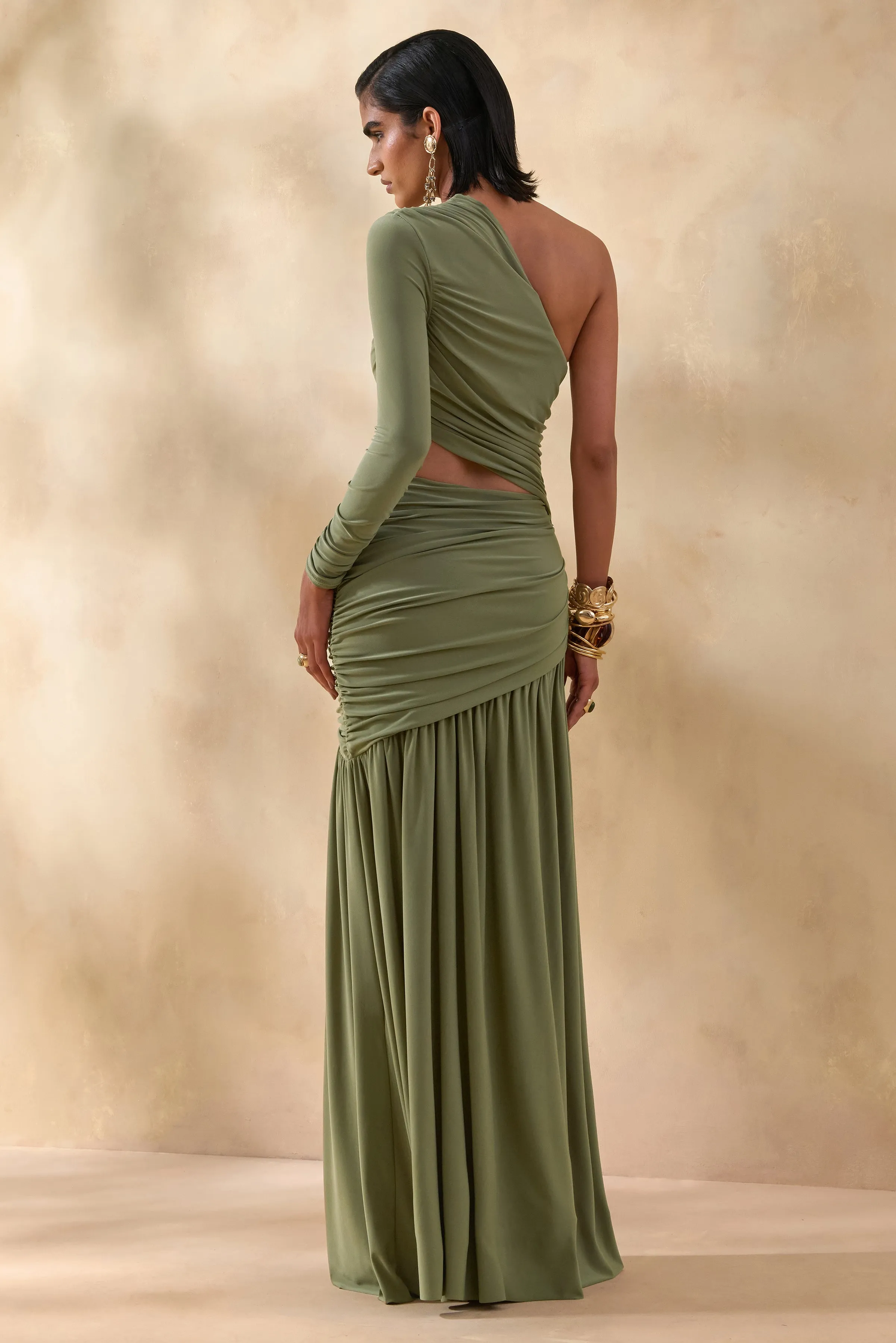Kinsley | Olive Asymmetric-Neck Maxi Dress With Body Cut-Out Detail sold by Club L London product image thumbnail 2