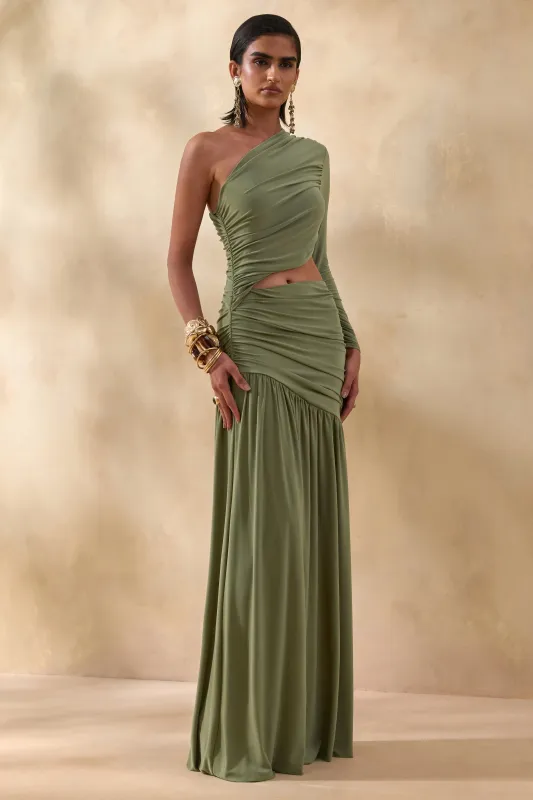 Kinsley | Olive Asymmetric-Neck Maxi Dress With Body Cut-Out Detail sold by Club L London