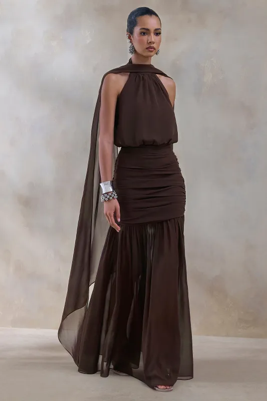 Veronique | Brown Halter-Neck Maxi Dress made by Club L London
