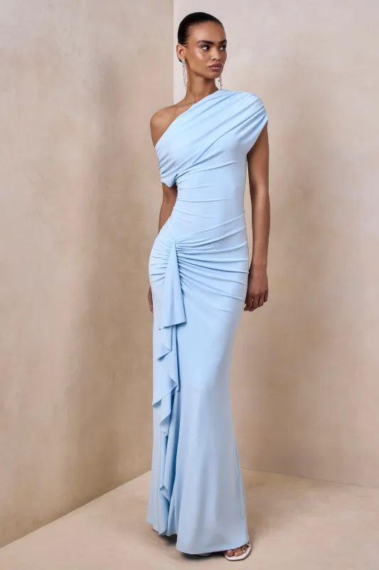 Siora | Powder Blue Asymmetric-Neck Maxi Dress With Draped-Detailing made by Club L London