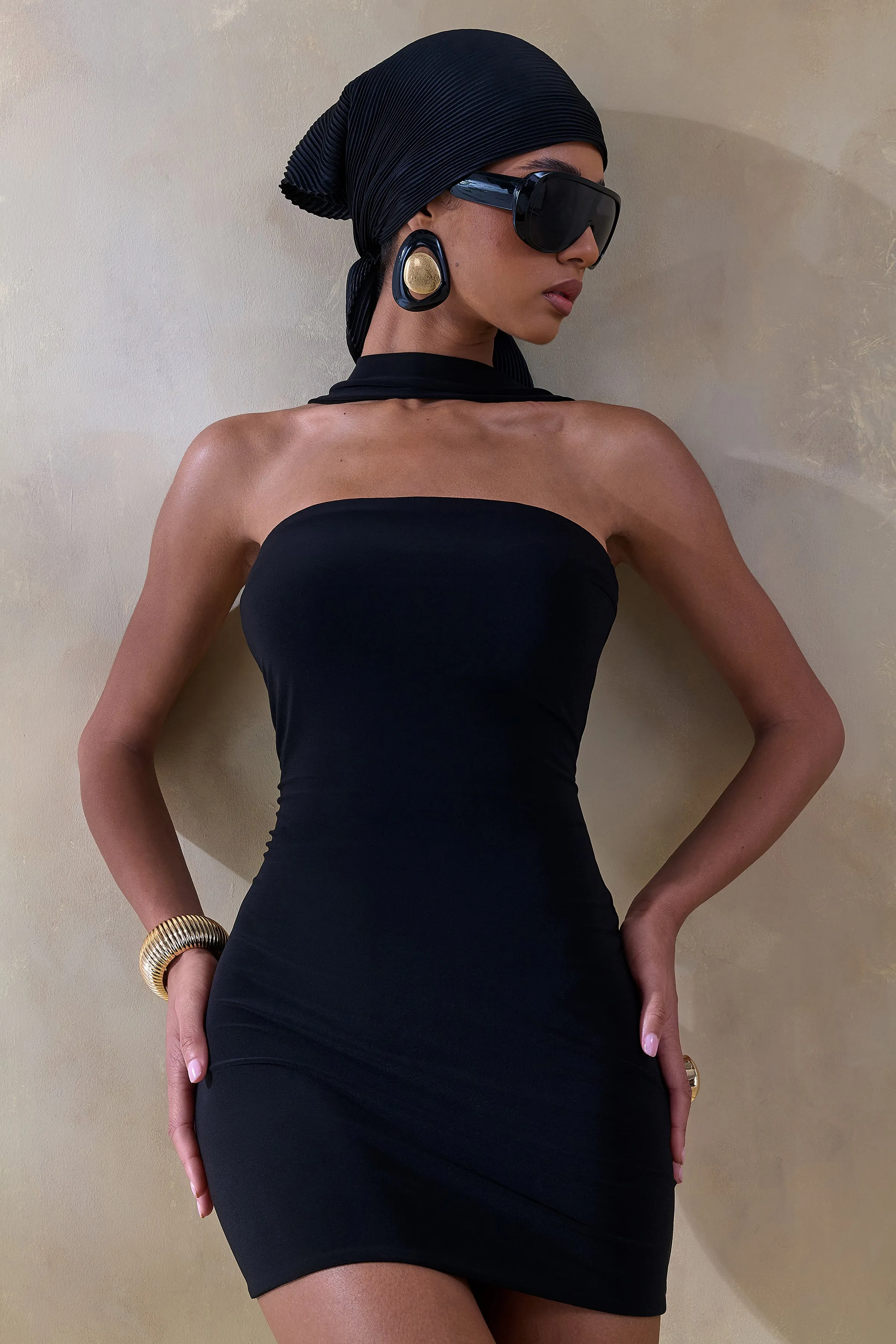 Caresse | Black Bandeau Mini-Dress With Scarf-Detail sold by Club L London product image thumbnail 3