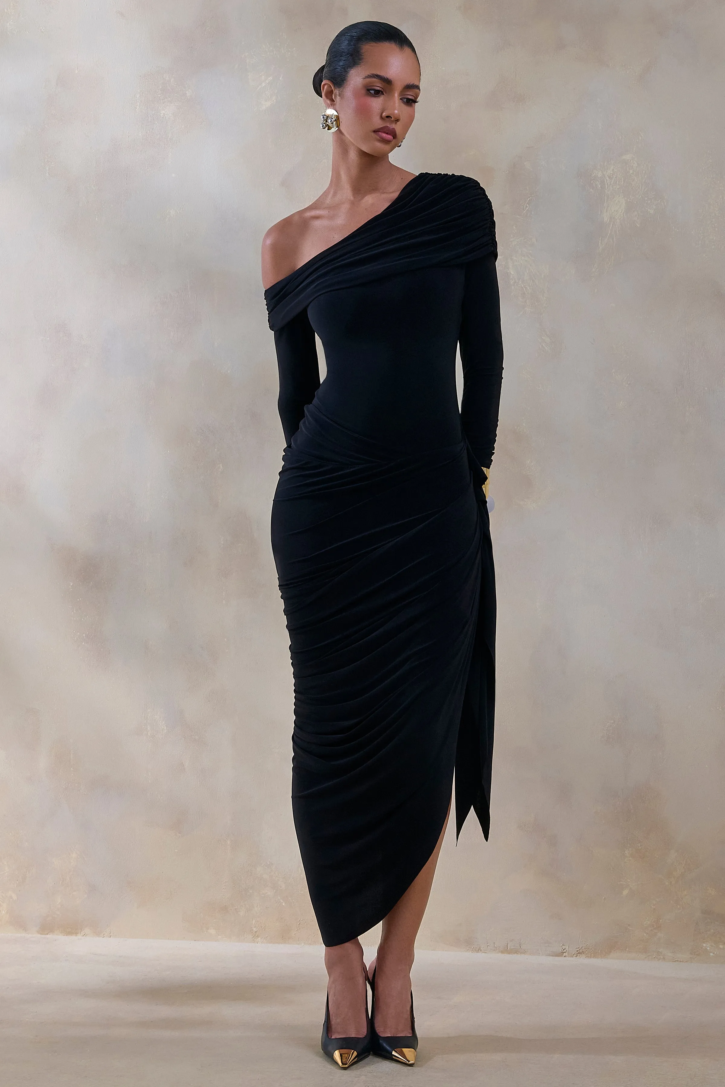 Franca | Black Asymmetric-Neck Midi Dress With Draped And Gathered Detailing sold by Club L London product image thumbnail 4