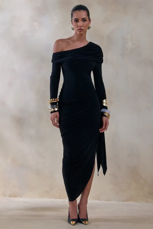 Franca | Black Asymmetric-Neck Midi Dress With Draped And Gathered Detailing made by Club L London
