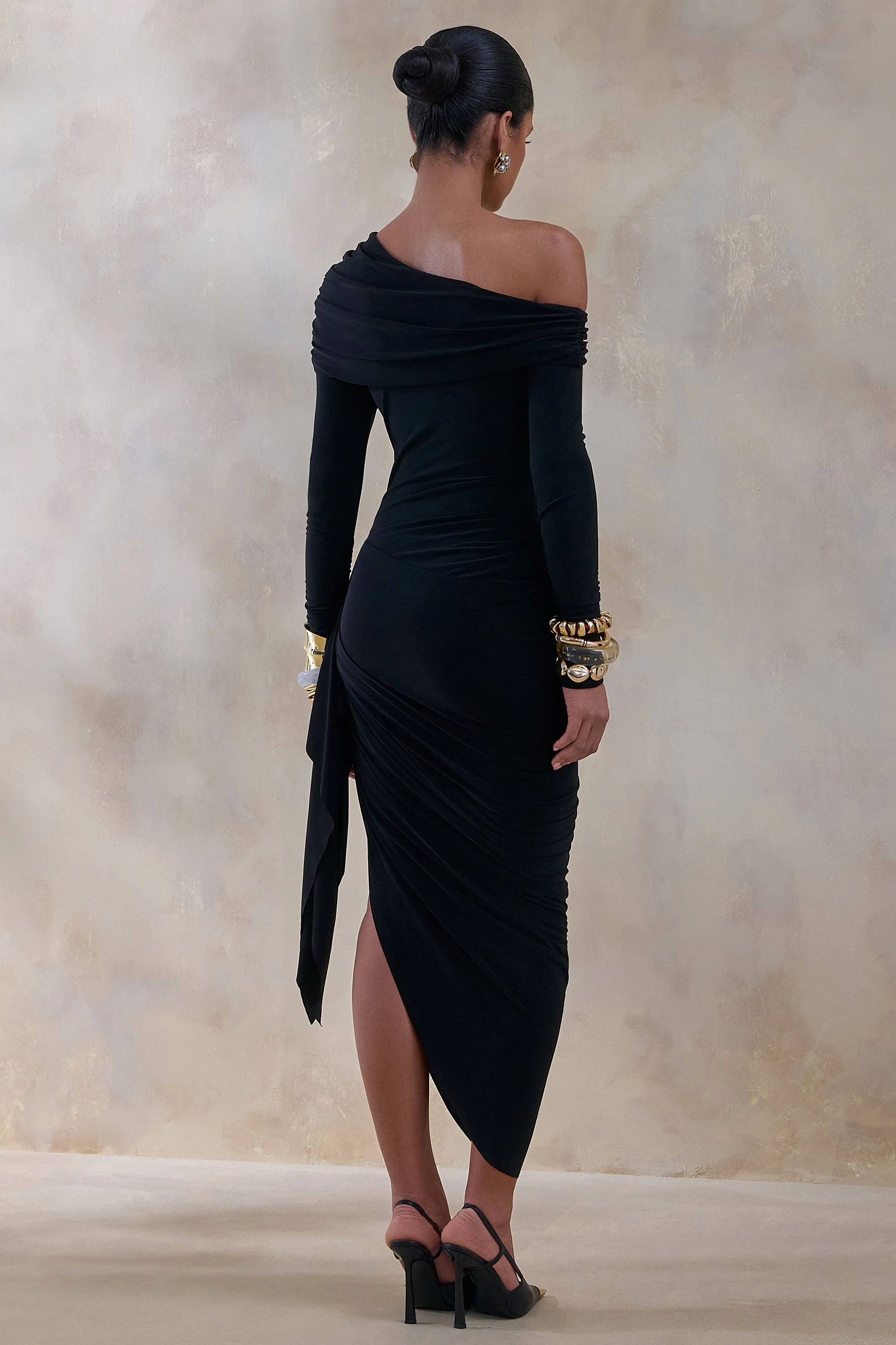 Franca | Black Asymmetric-Neck Midi Dress With Draped And Gathered Detailing sold by Club L London product image thumbnail 2