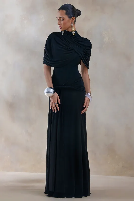 Evelisse | Black High-Neck Maxi Dress With Short-Cape Sleeves sold by Club L London