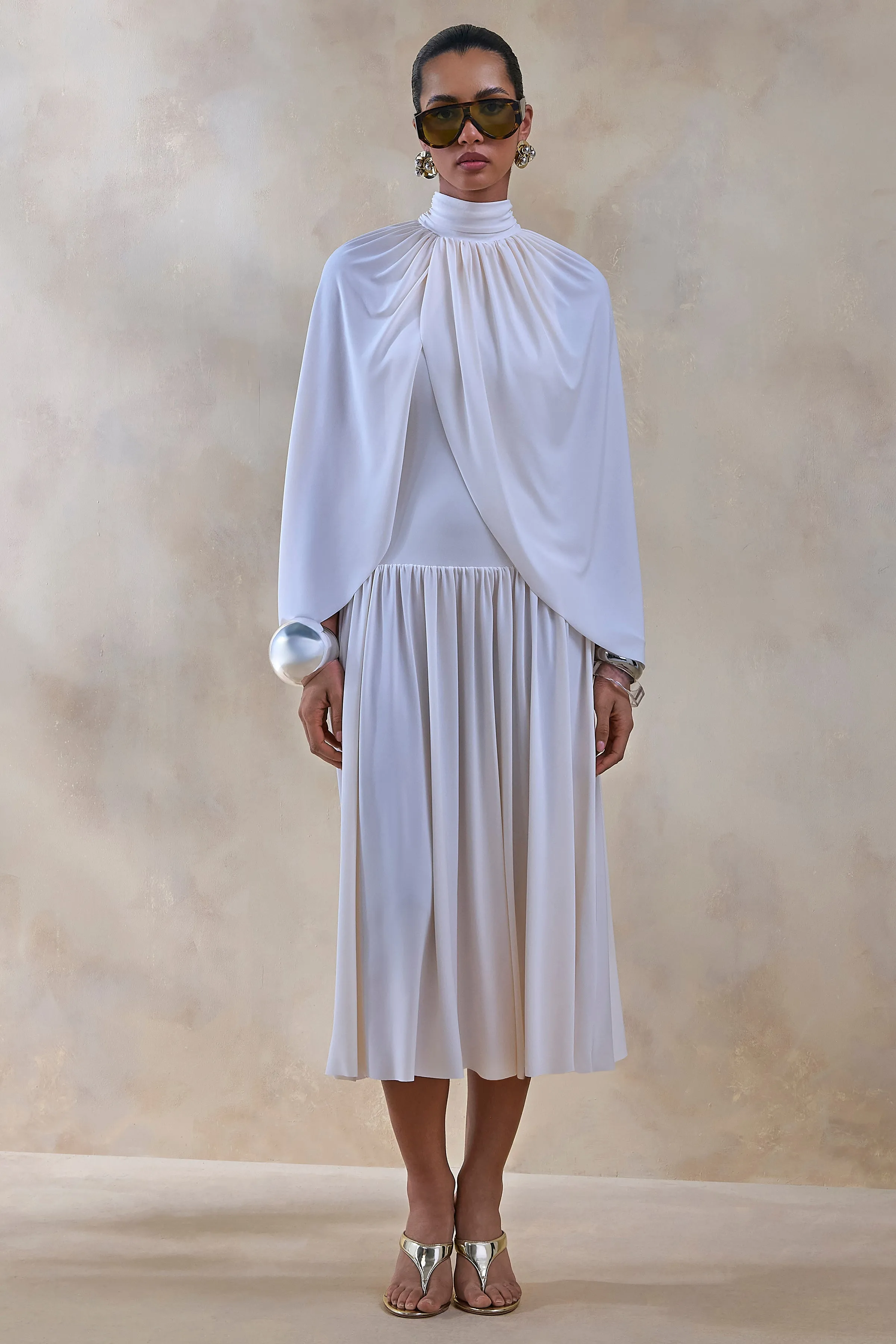 Honora | Cream High-Neck Maxi Dress With Cape-Sleeves sold by Club L London product image thumbnail 4