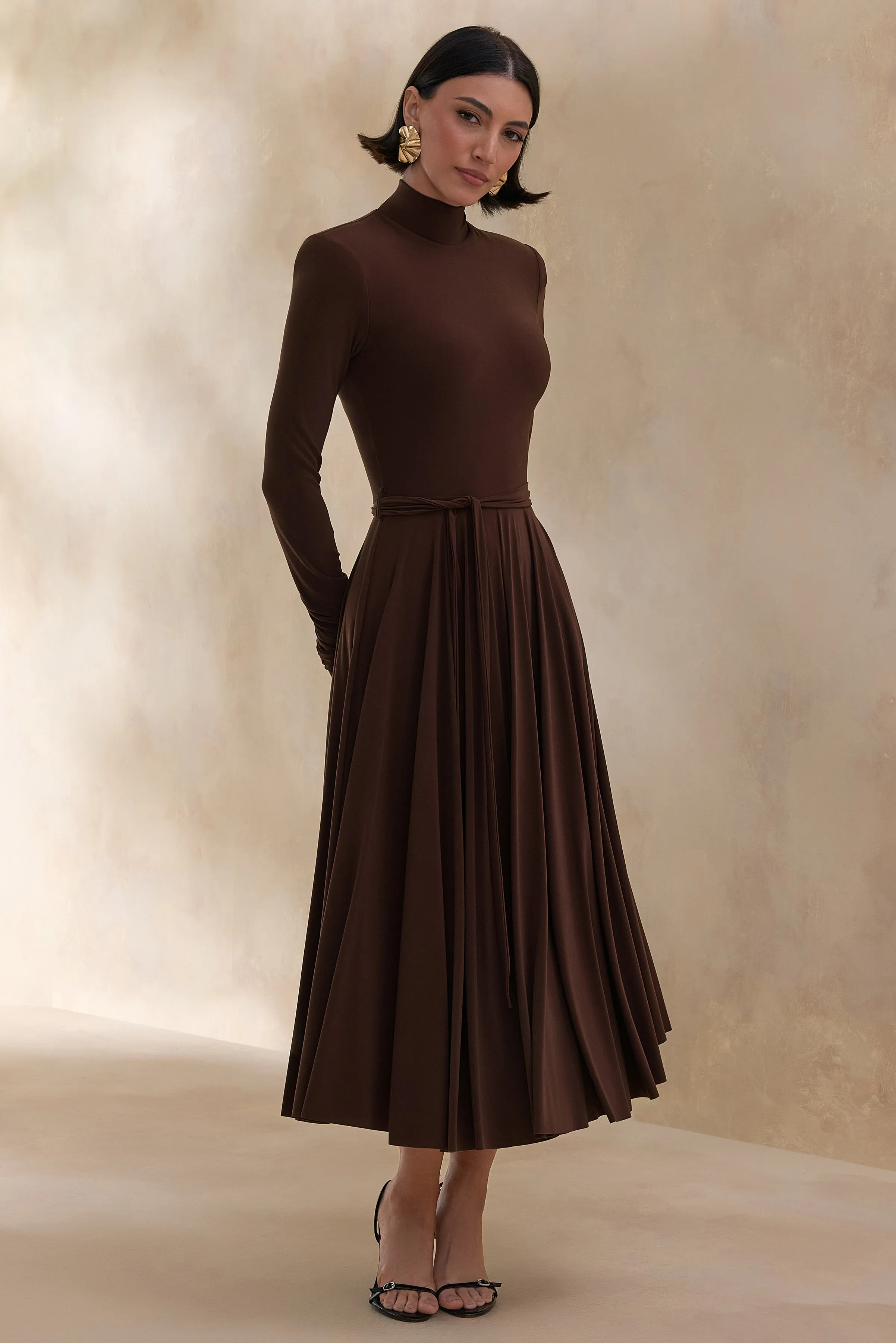 Opalia | Brown High-Neck Belted Midi Dress sold by Club L London product image thumbnail 4